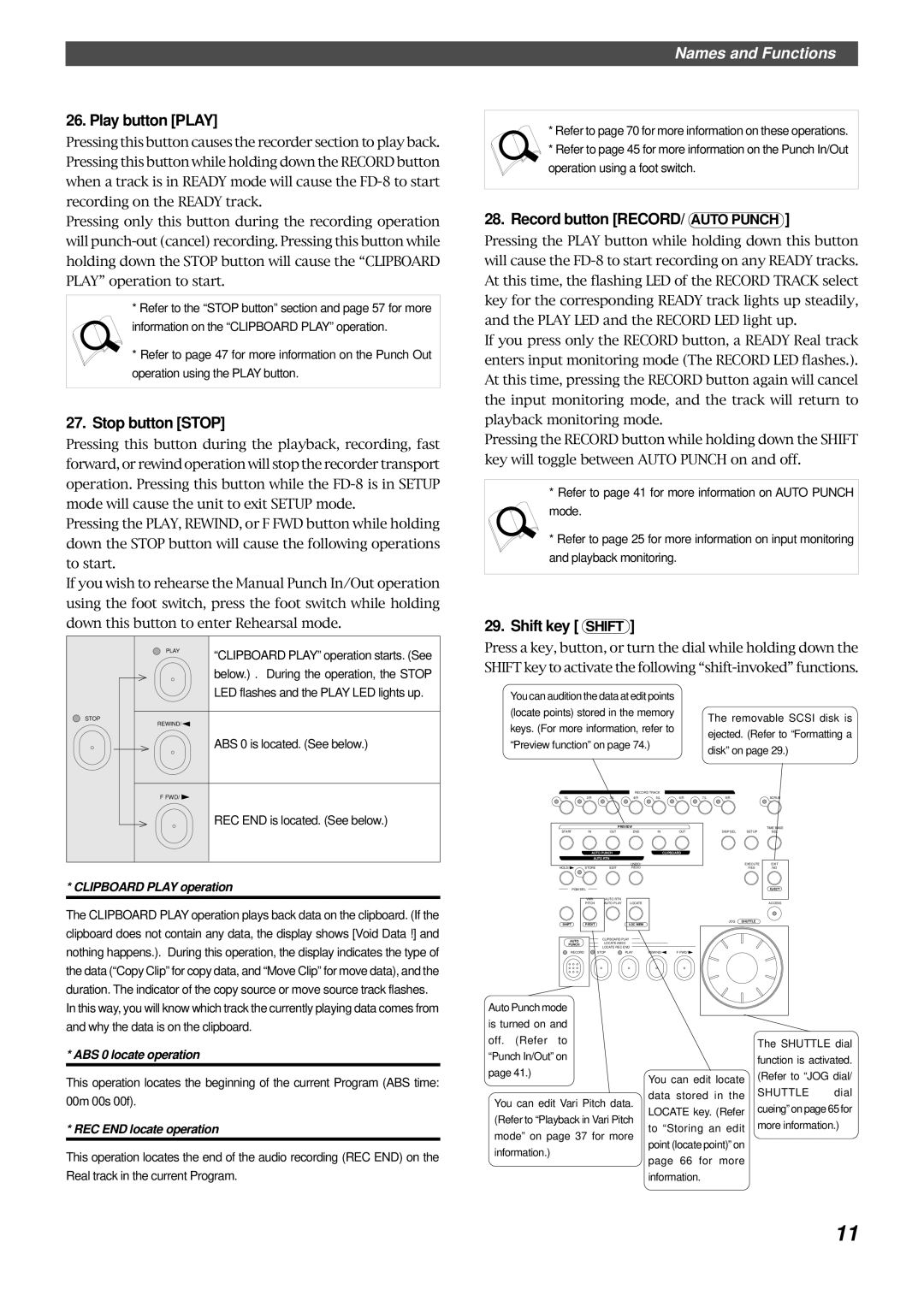 Fostex FD-8 owner manual Play button Play, Stop button Stop, Record button RECORD/ Auto Punch, Shift key Shift 