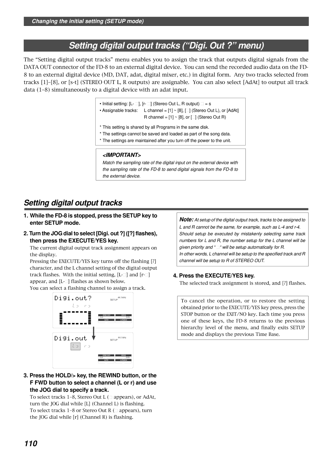 Fostex FD-8 owner manual Setting digital output tracks Digi. Out ? menu, 110 