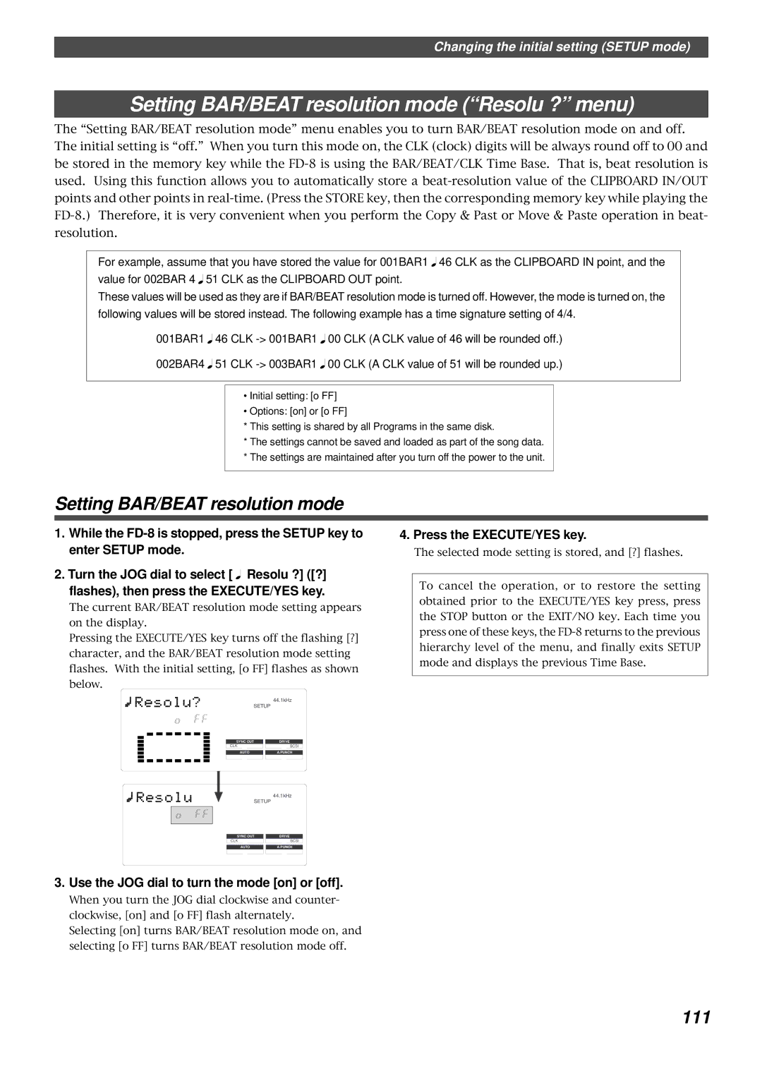 Fostex FD-8 owner manual Setting BAR/BEAT resolution mode Resolu ? menu, 111, Use the JOG dial to turn the mode on or off 