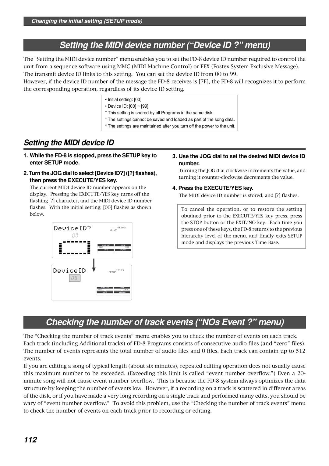 Fostex FD-8 Setting the Midi device number Device ID ? menu, Checking the number of track events NOs Event ? menu, 112 