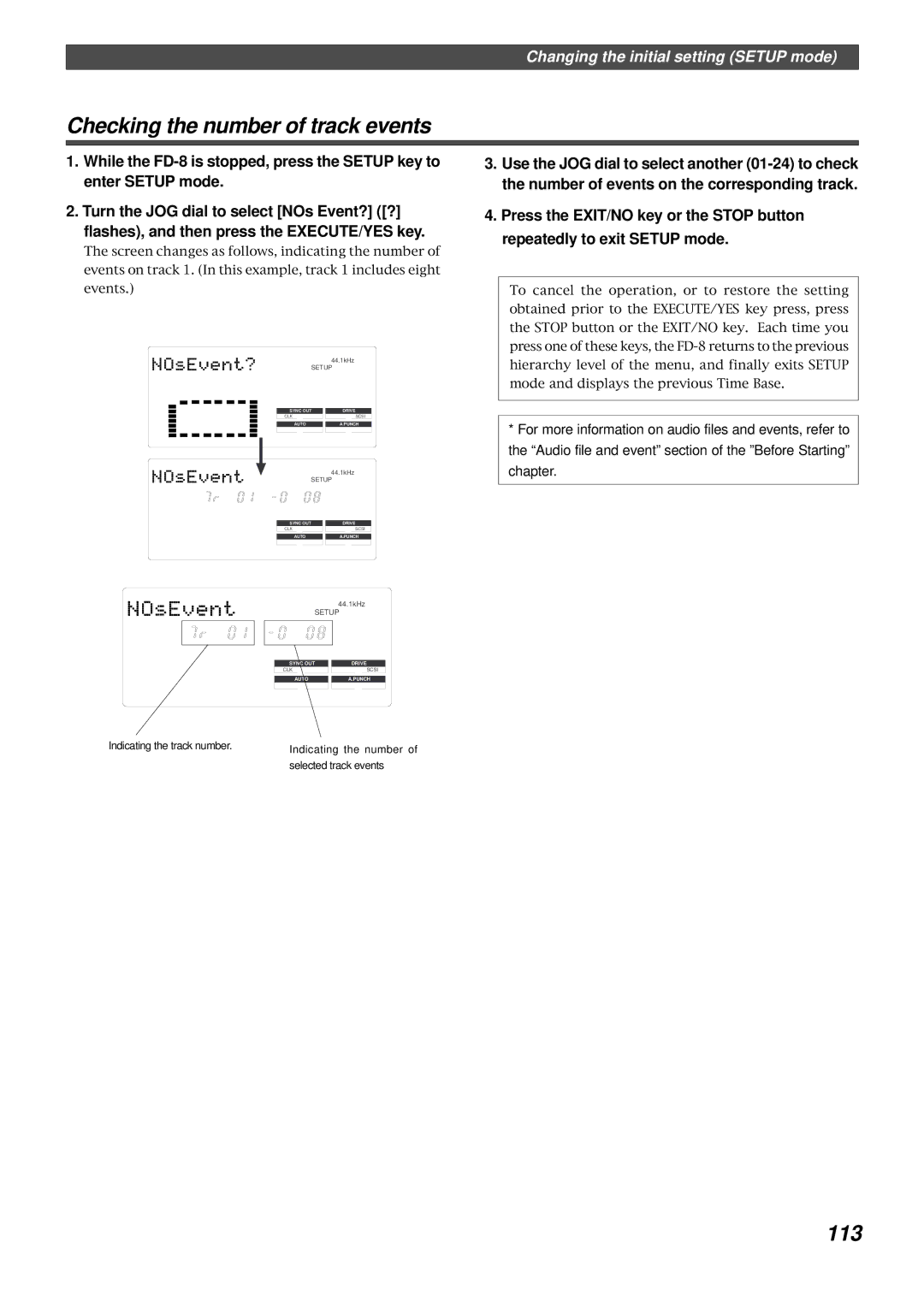 Fostex FD-8 owner manual Checking the number of track events, 113 