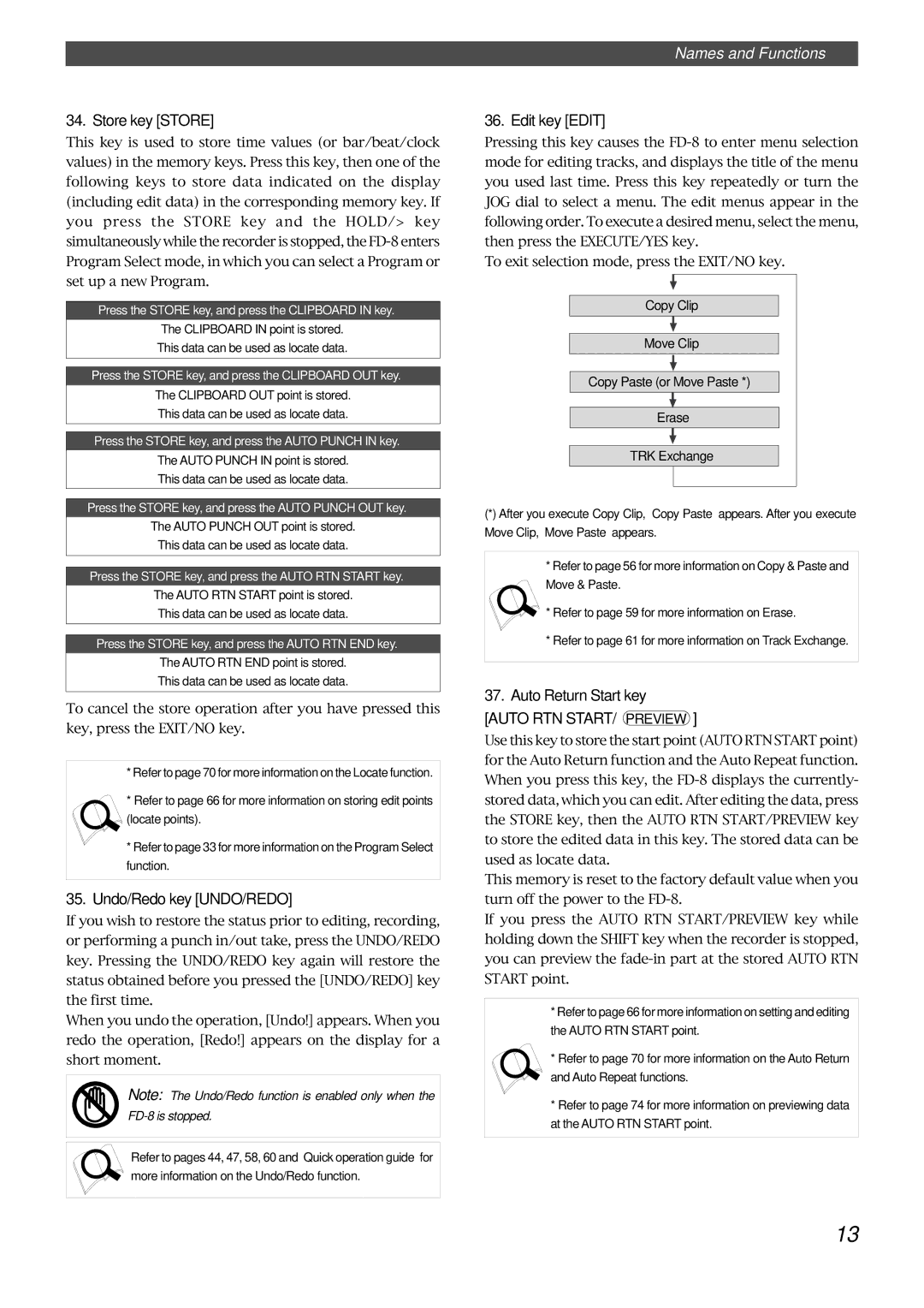 Fostex FD-8 owner manual Store key Store, Undo/Redo key UNDO/REDO, Edit key Edit, Auto Return Start key 