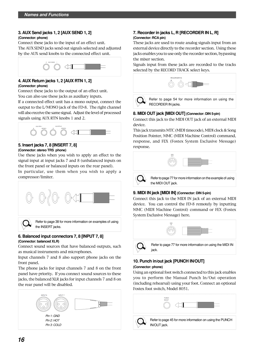 Fostex FD-8 owner manual AUX Send jacks 1, 2 AUX Send 1, AUX Return jacks 1, 2 AUX RTN 1, Insert jacks 7, 8 Insert 7 