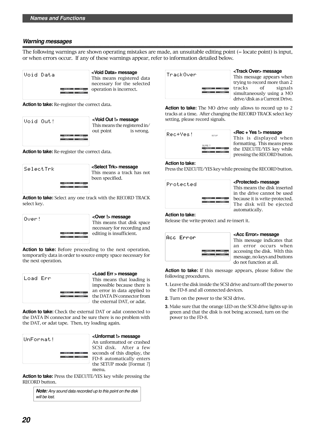 Fostex FD-8 owner manual Void Out ! message, Track Over message, Rec + Yes ! message, Select Trk message, Load Err message 
