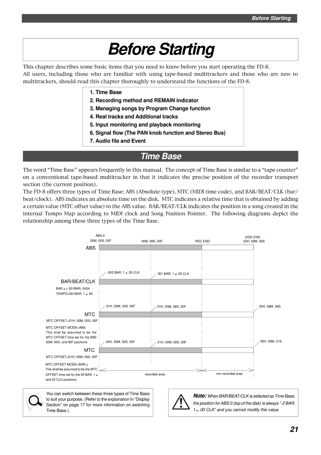 Fostex FD-8 owner manual Before Starting, Time Base 