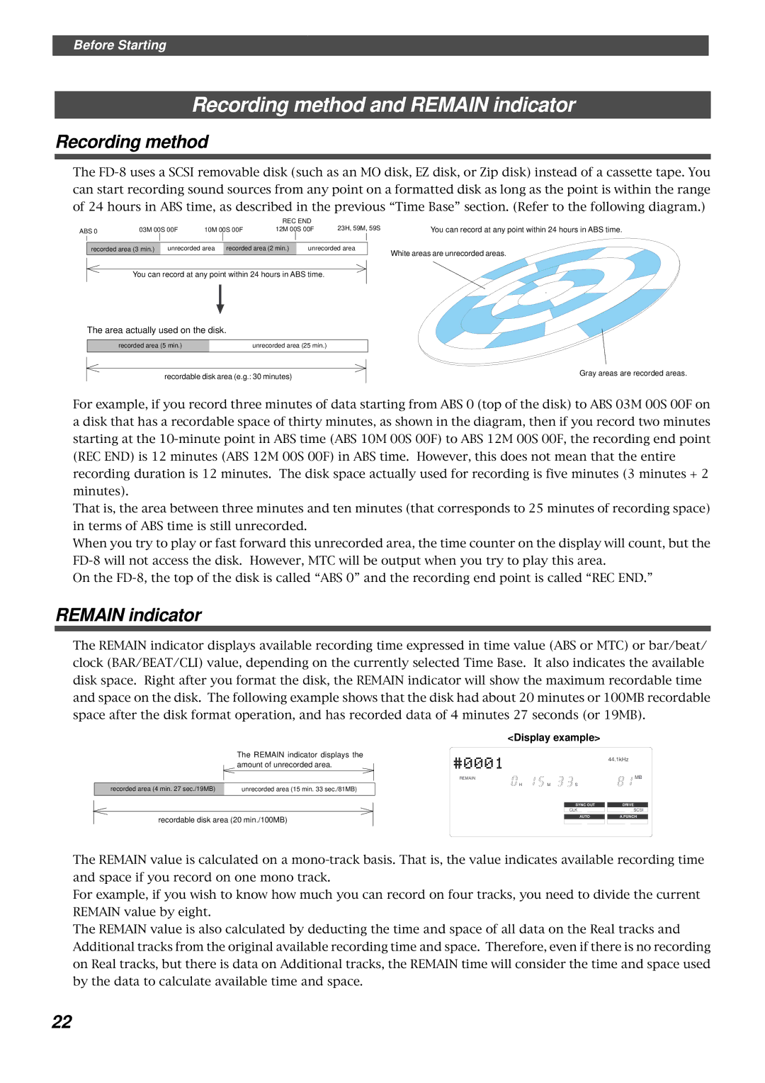 Fostex FD-8 owner manual Recording method and Remain indicator 