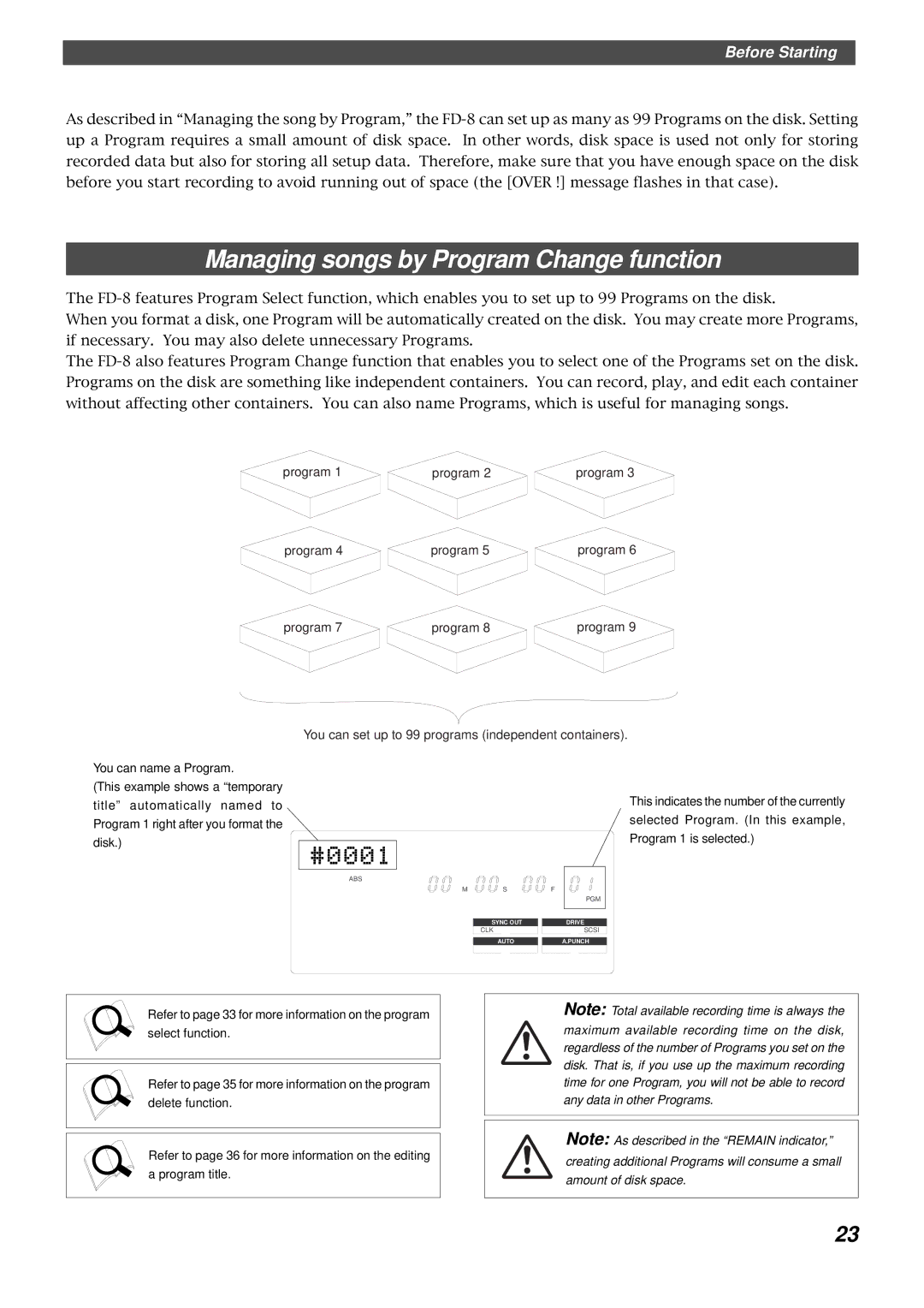 Fostex FD-8 owner manual Managing songs by Program Change function 