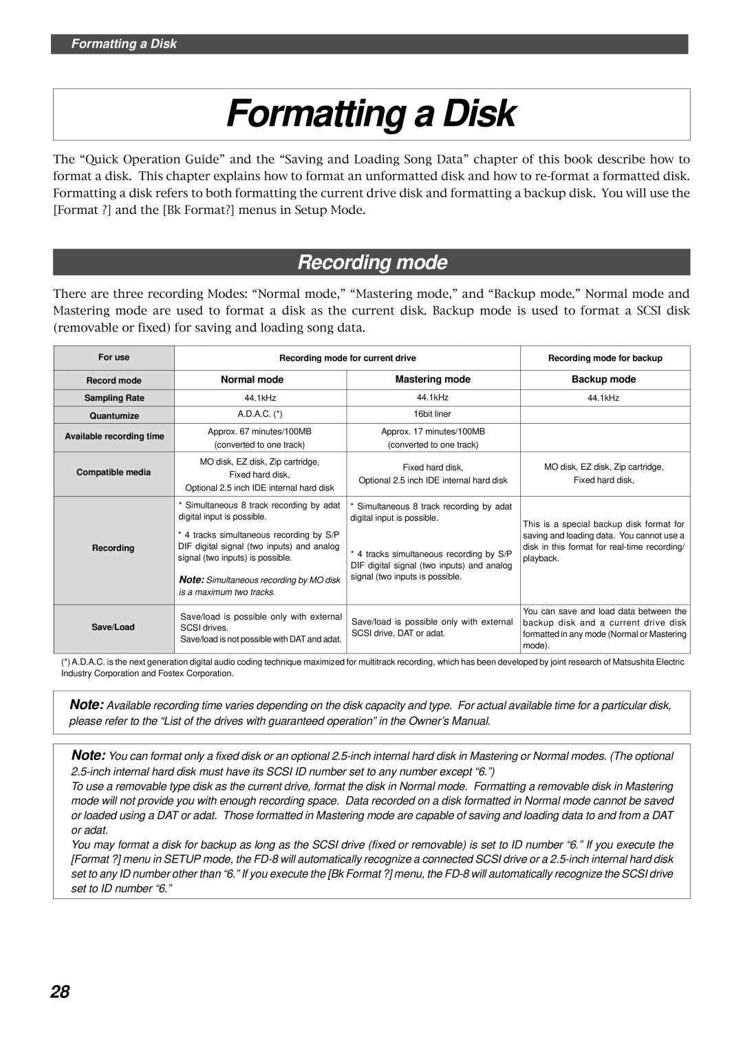 Fostex FD-8 owner manual Formatting a Disk, Recording mode 