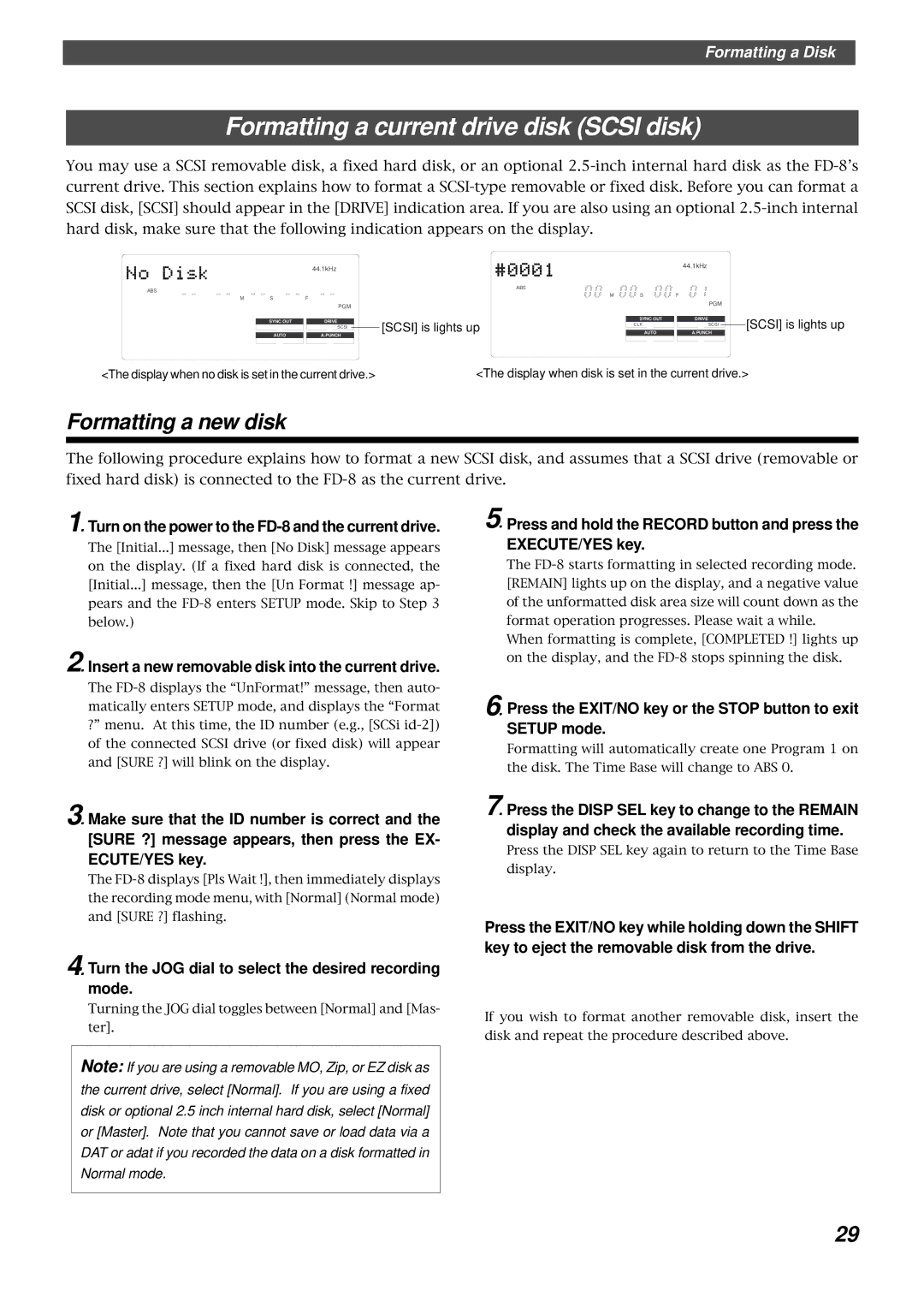 Fostex FD-8 owner manual Formatting a current drive disk Scsi disk, Formatting a new disk 