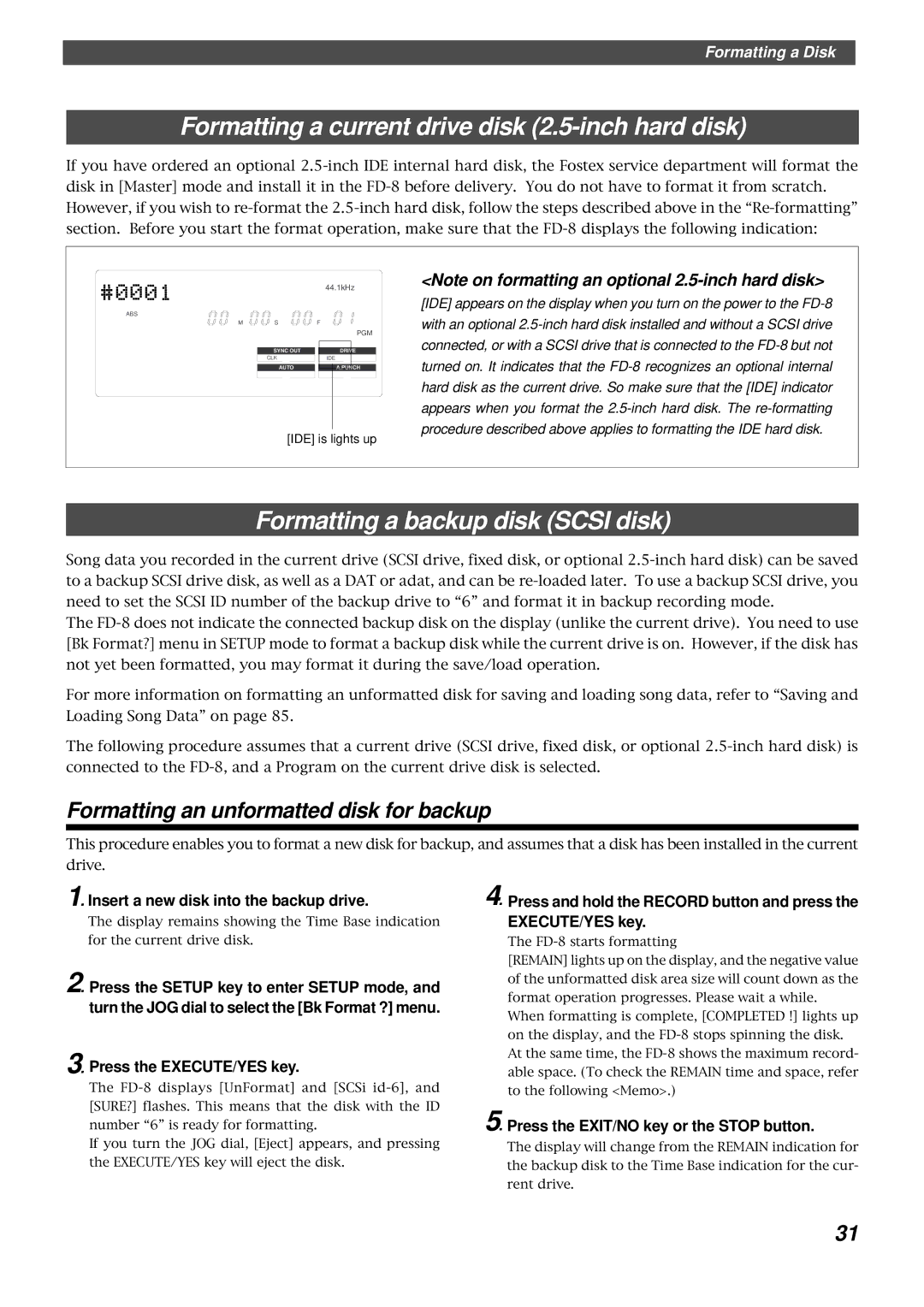 Fostex FD-8 owner manual Formatting a current drive disk 2.5-inch hard disk, Formatting a backup disk Scsi disk 