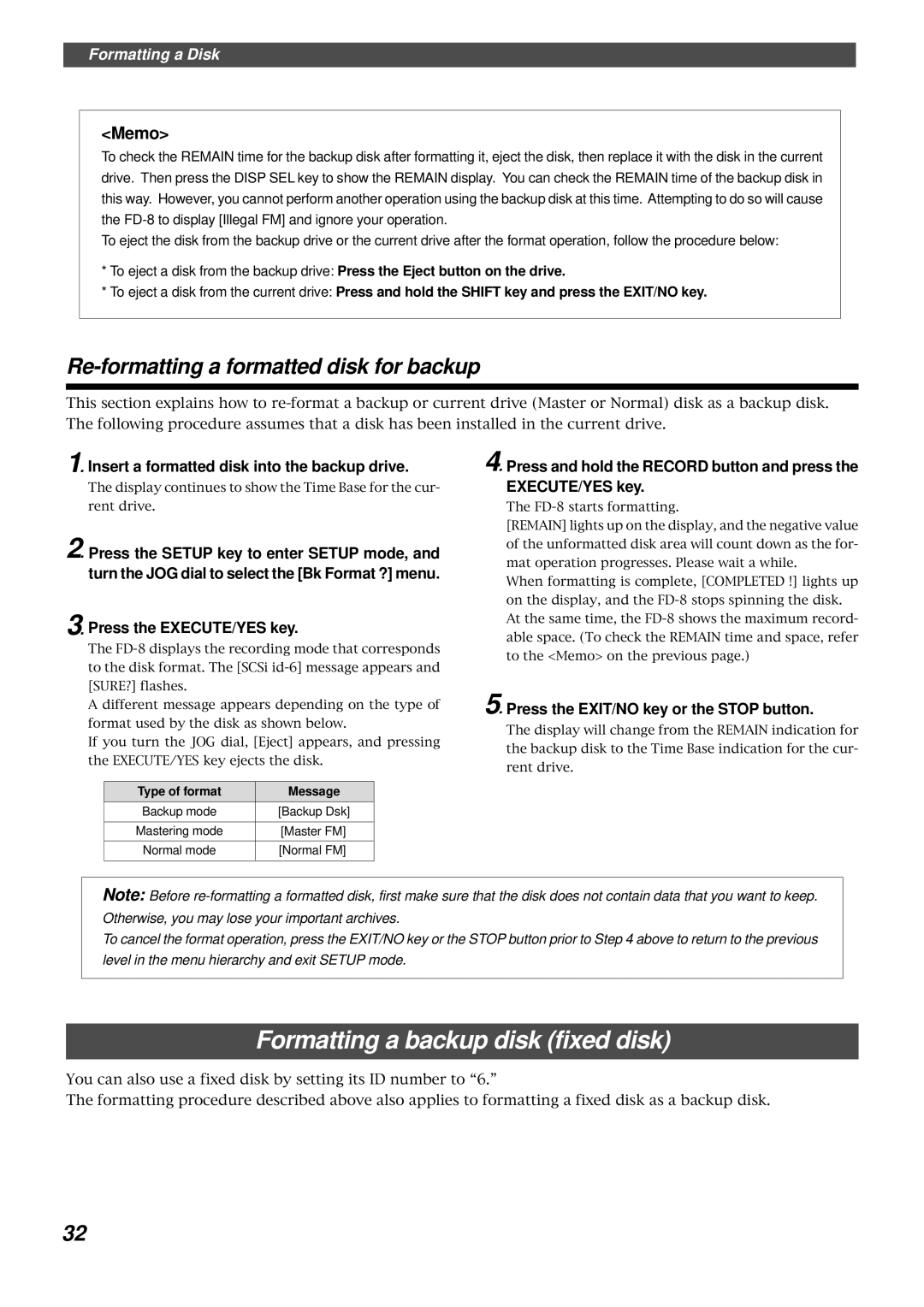 Fostex FD-8 owner manual Formatting a backup disk fixed disk, Re-formatting a formatted disk for backup 