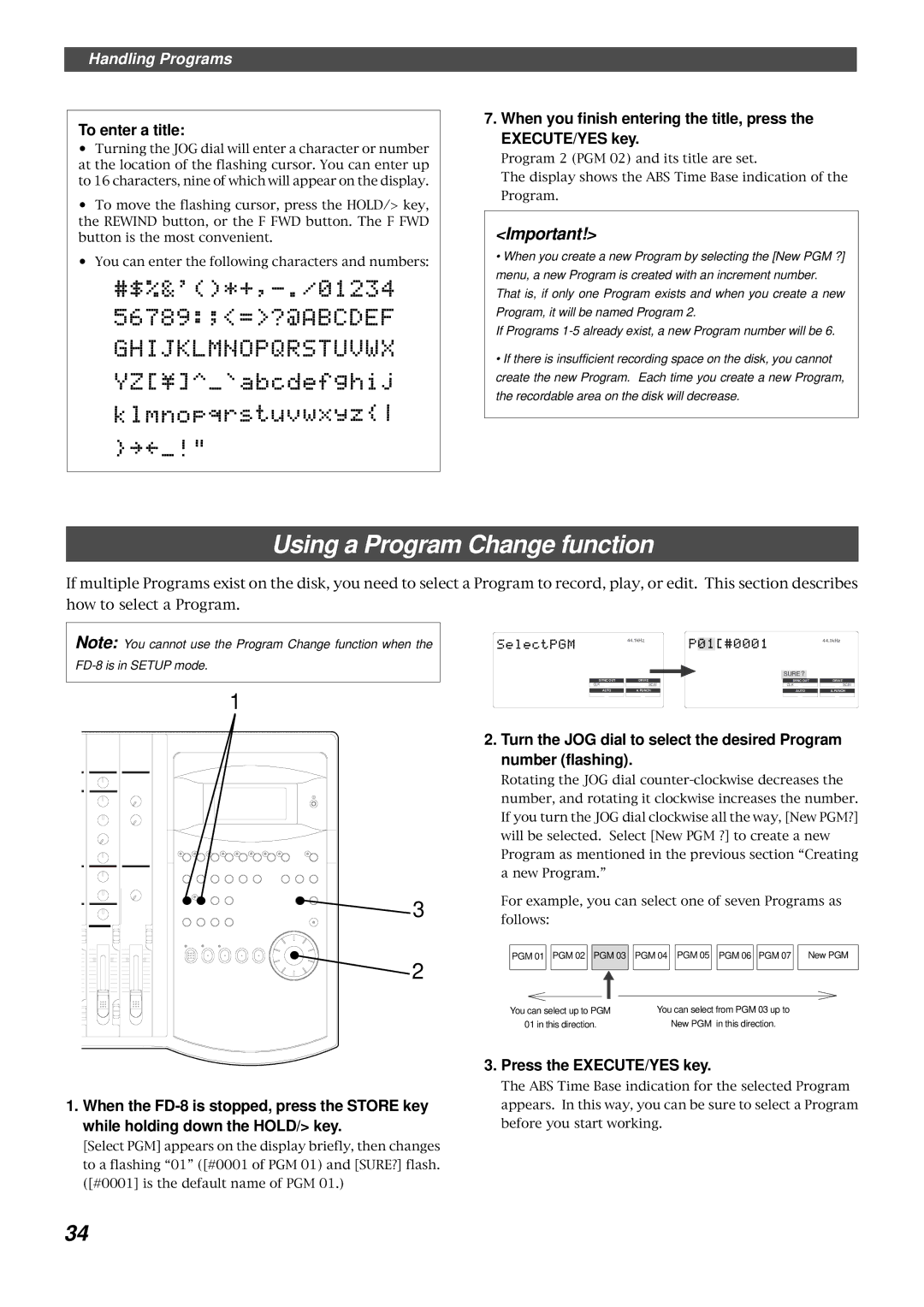 Fostex FD-8 owner manual Using a Program Change function, To enter a title 