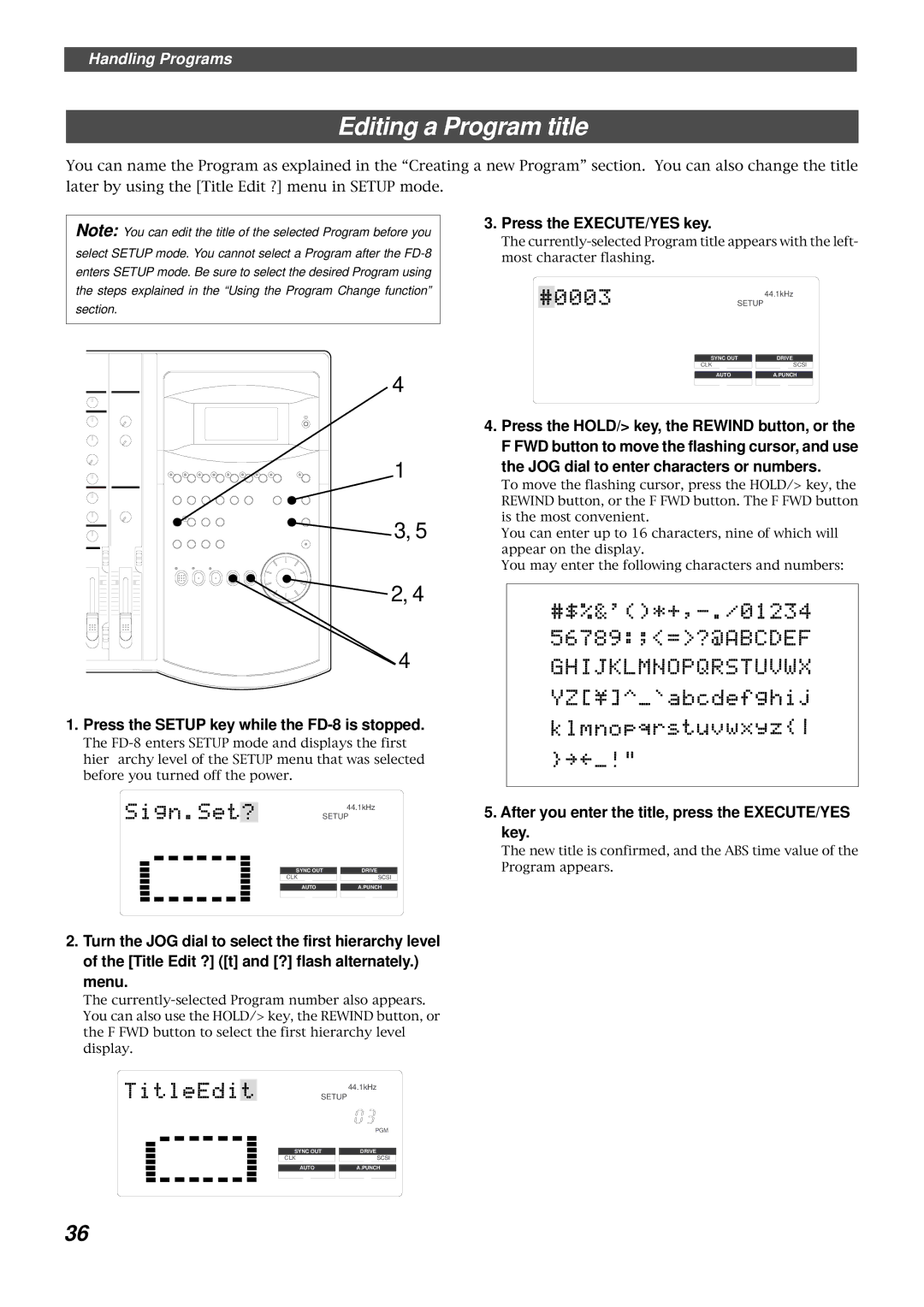 Fostex FD-8 owner manual Editing a Program title, JOG dial to enter characters or numbers, Menu 