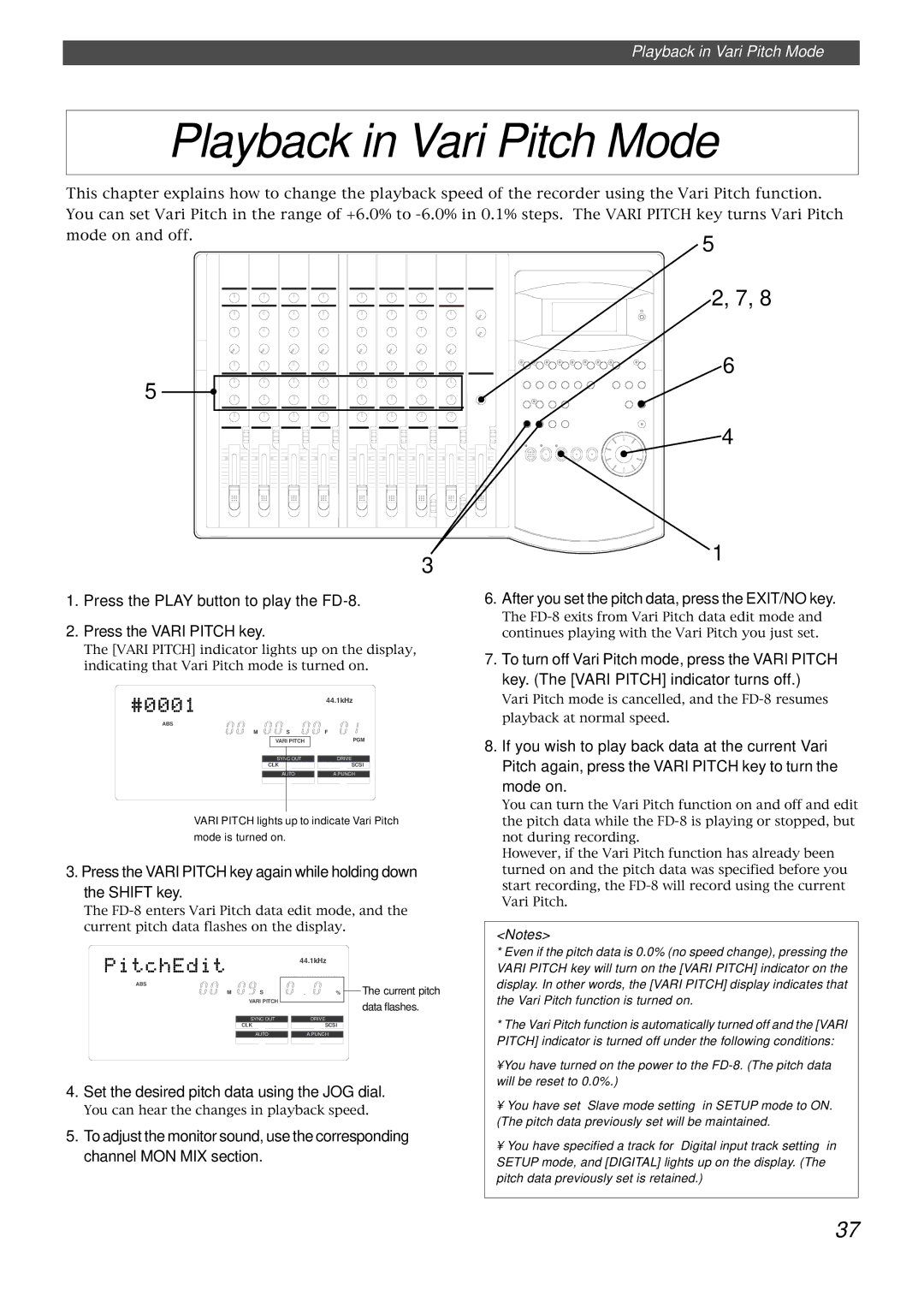 Fostex FD-8 owner manual Playback in Vari Pitch Mode, Set the desired pitch data using the JOG dial 