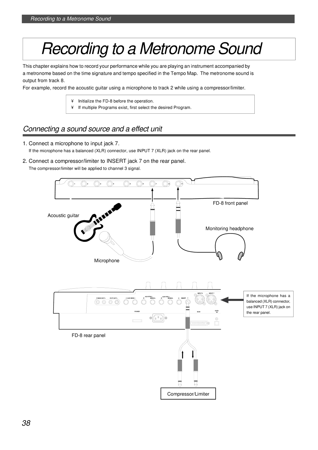 Fostex FD-8 owner manual Recording to a Metronome Sound, Connecting a sound source and a effect unit 