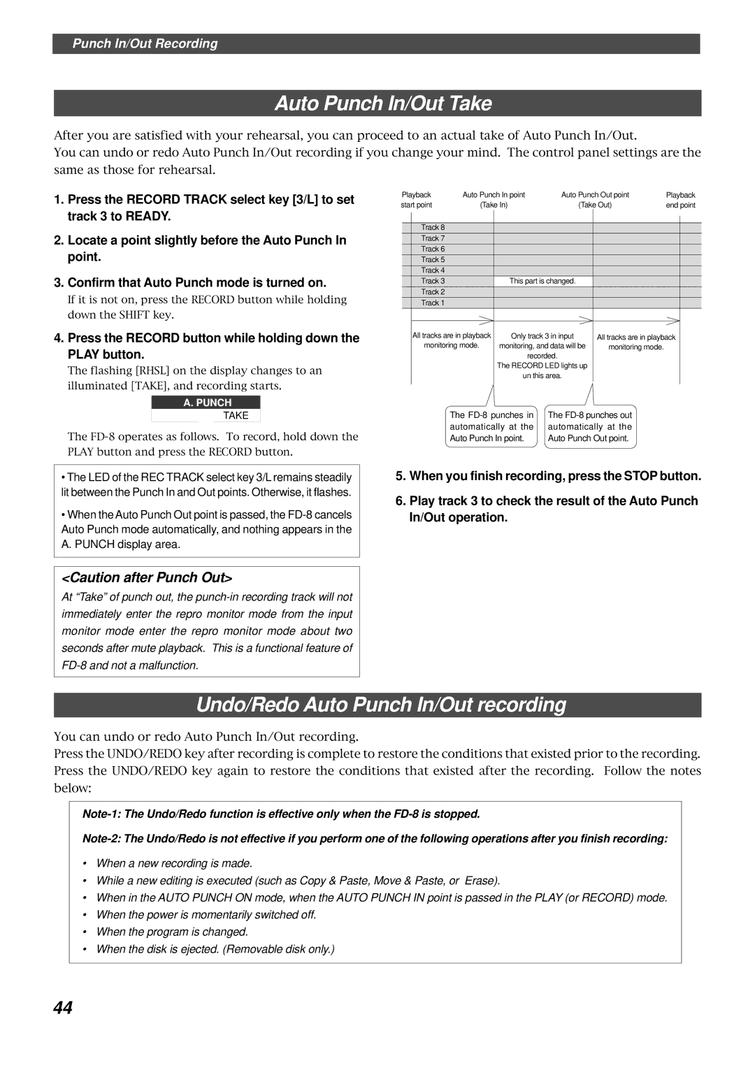 Fostex FD-8 owner manual Auto Punch In/Out Take, Undo/Redo Auto Punch In/Out recording 