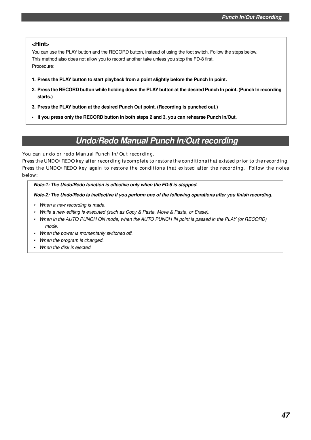 Fostex FD-8 owner manual Undo/Redo Manual Punch In/Out recording 