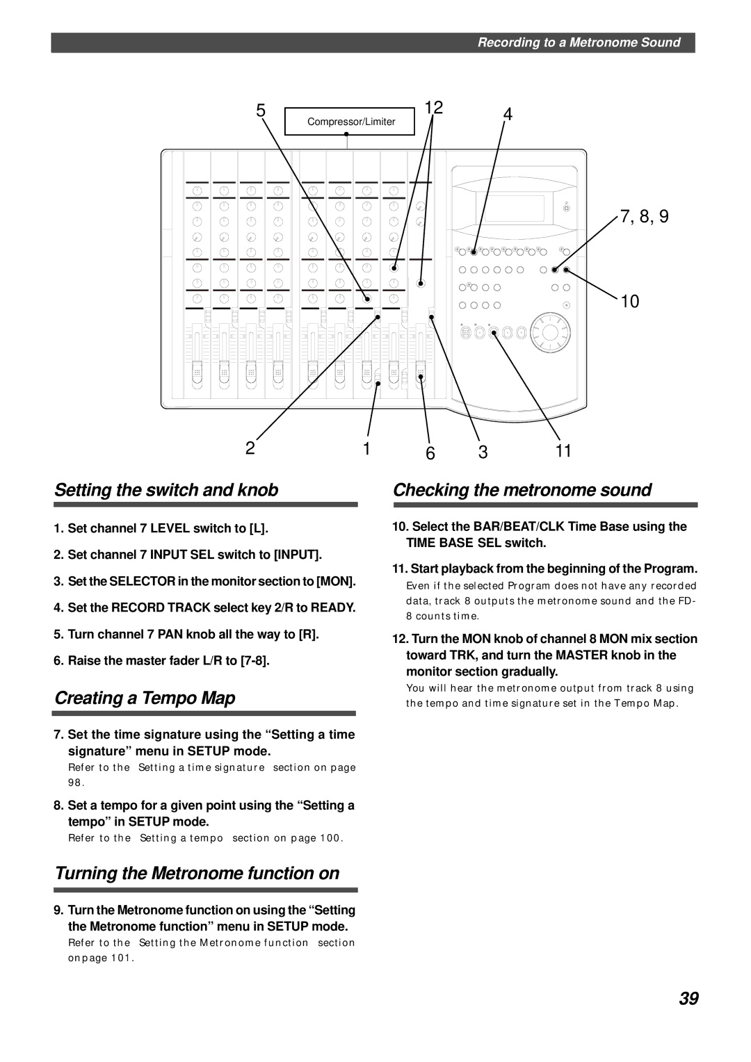 Fostex FD-8 owner manual Setting the switch and knob, Creating a Tempo Map, Checking the metronome sound 