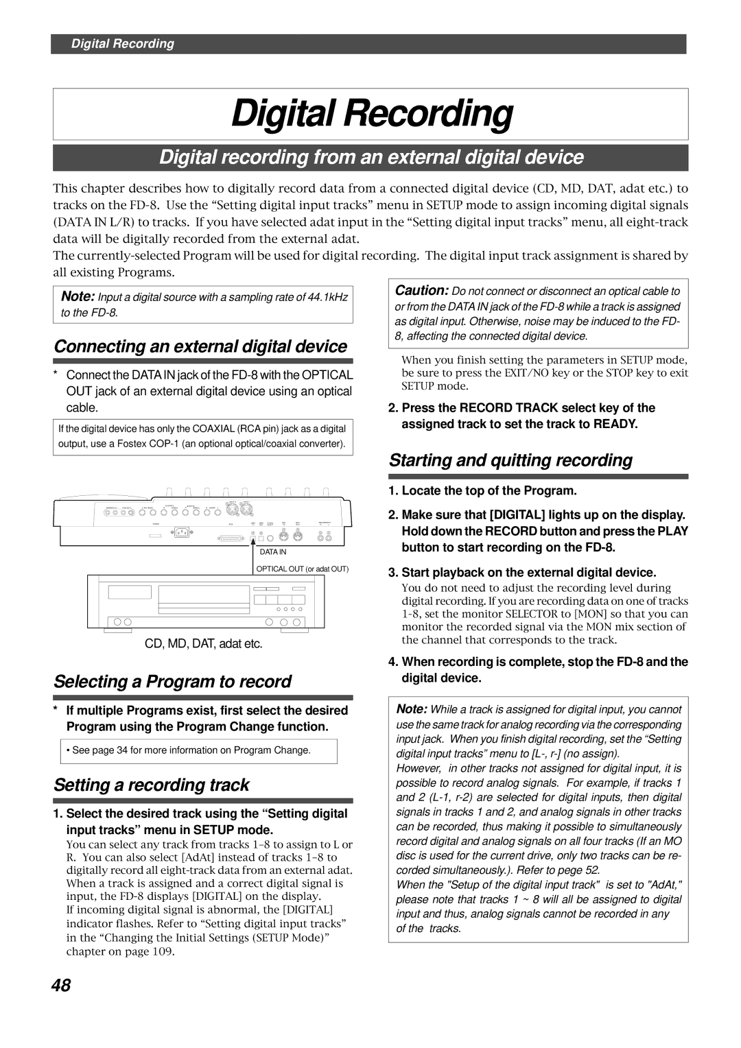 Fostex FD-8 owner manual Digital Recording, Digital recording from an external digital device 