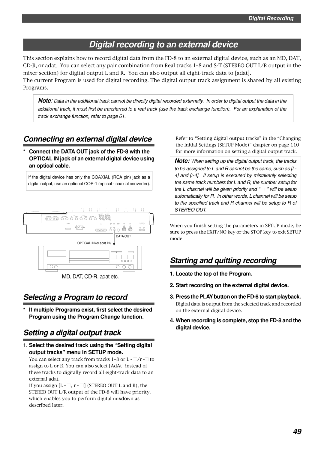 Fostex FD-8 owner manual Digital recording to an external device, Setting a digital output track 