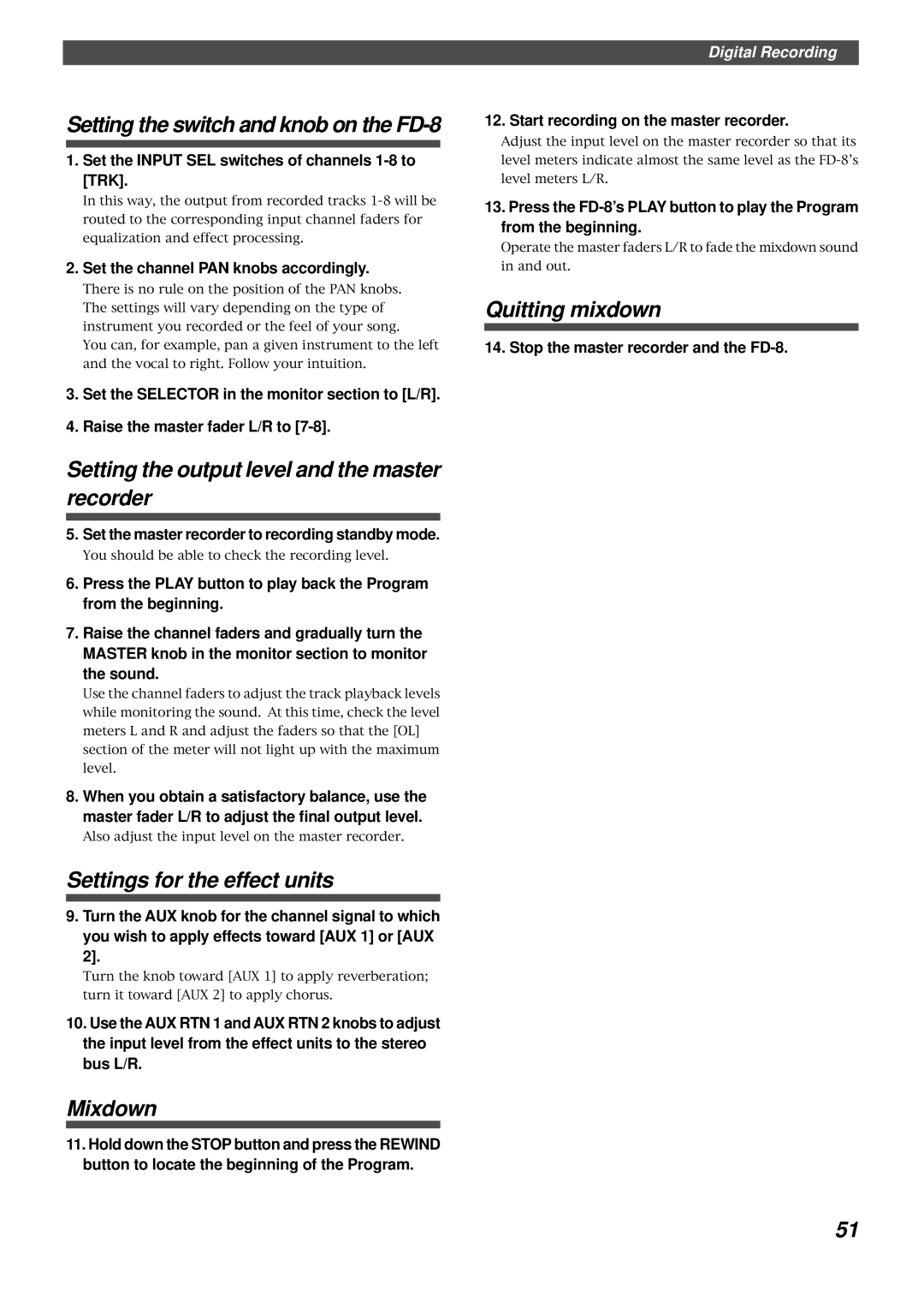 Fostex FD-8 Setting the output level and the master recorder, Settings for the effect units, Mixdown, Quitting mixdown 