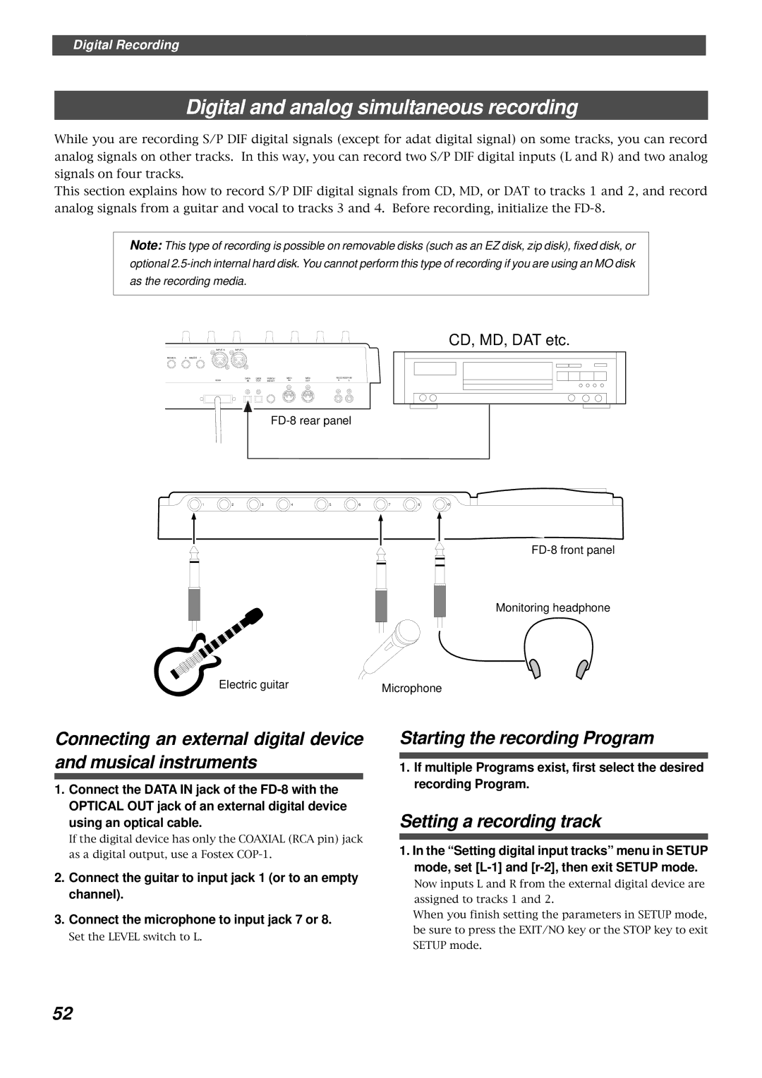 Fostex FD-8 owner manual Digital and analog simultaneous recording, Starting the recording Program, Using an optical cable 