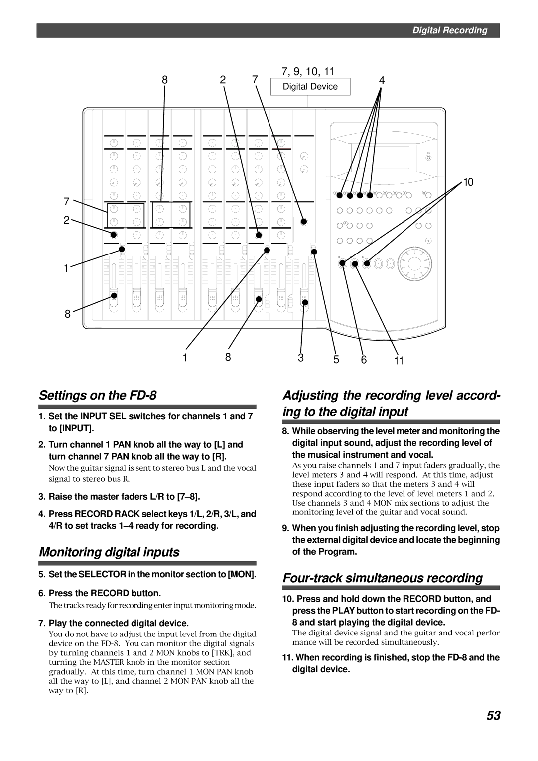 Fostex Settings on the FD-8, Monitoring digital inputs, Four-track simultaneous recording, Musical instrument and vocal 