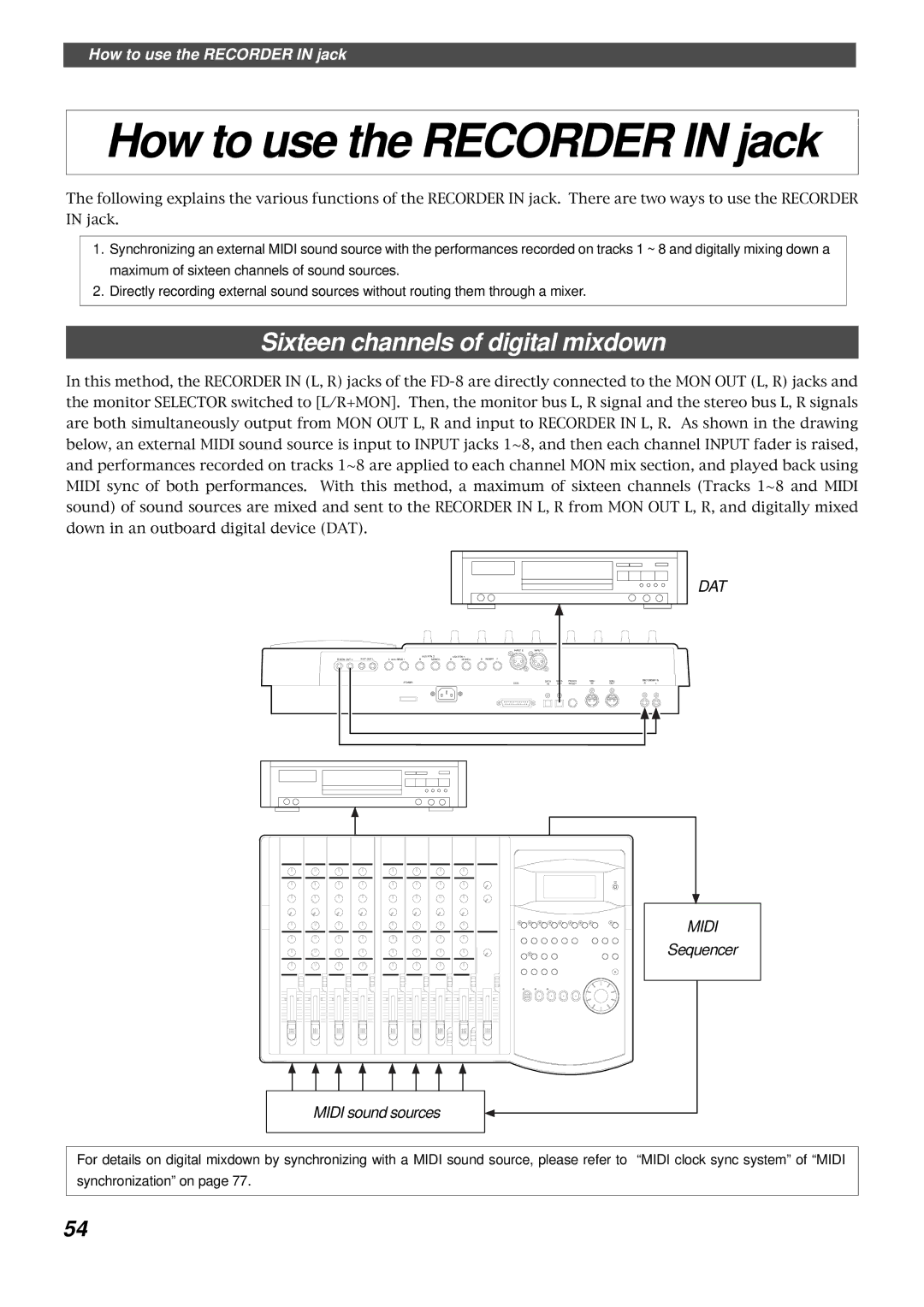 Fostex FD-8 owner manual How to use the Recorder in jack, Sixteen channels of digital mixdown 