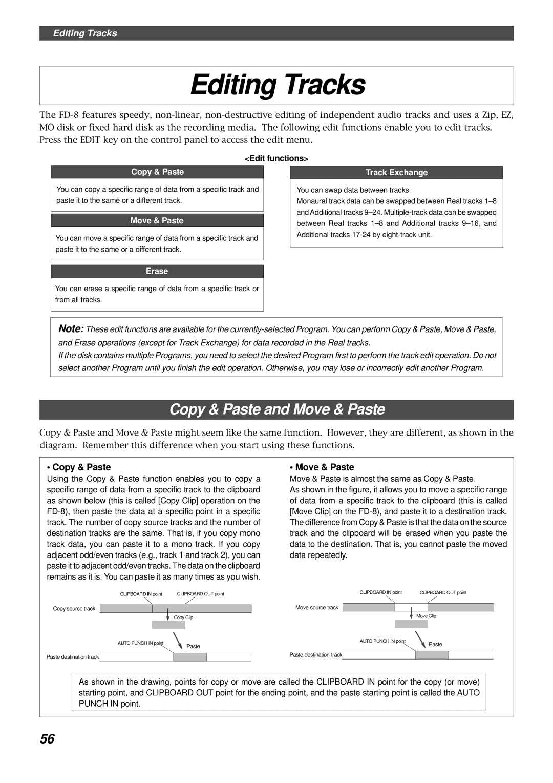 Fostex FD-8 owner manual Editing Tracks, Copy & Paste and Move & Paste, Edit functions 