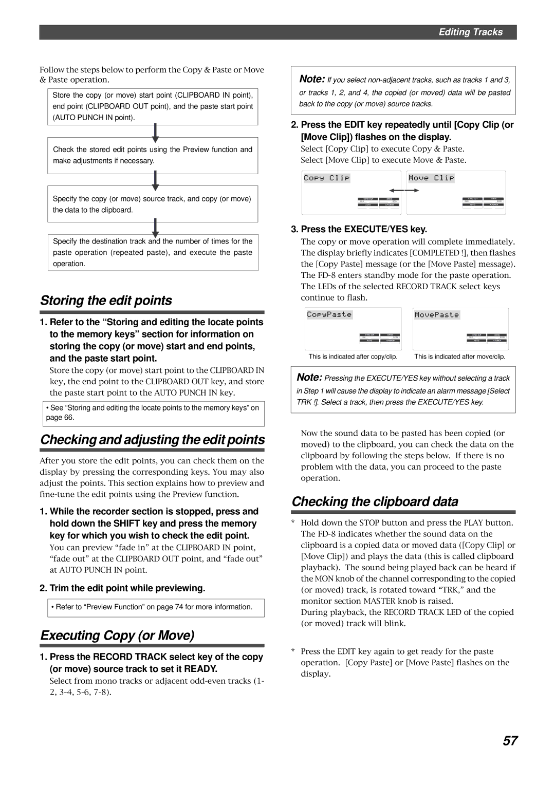 Fostex FD-8 Executing Copy or Move, Checking the clipboard data, Paste start point, Trim the edit point while previewing 