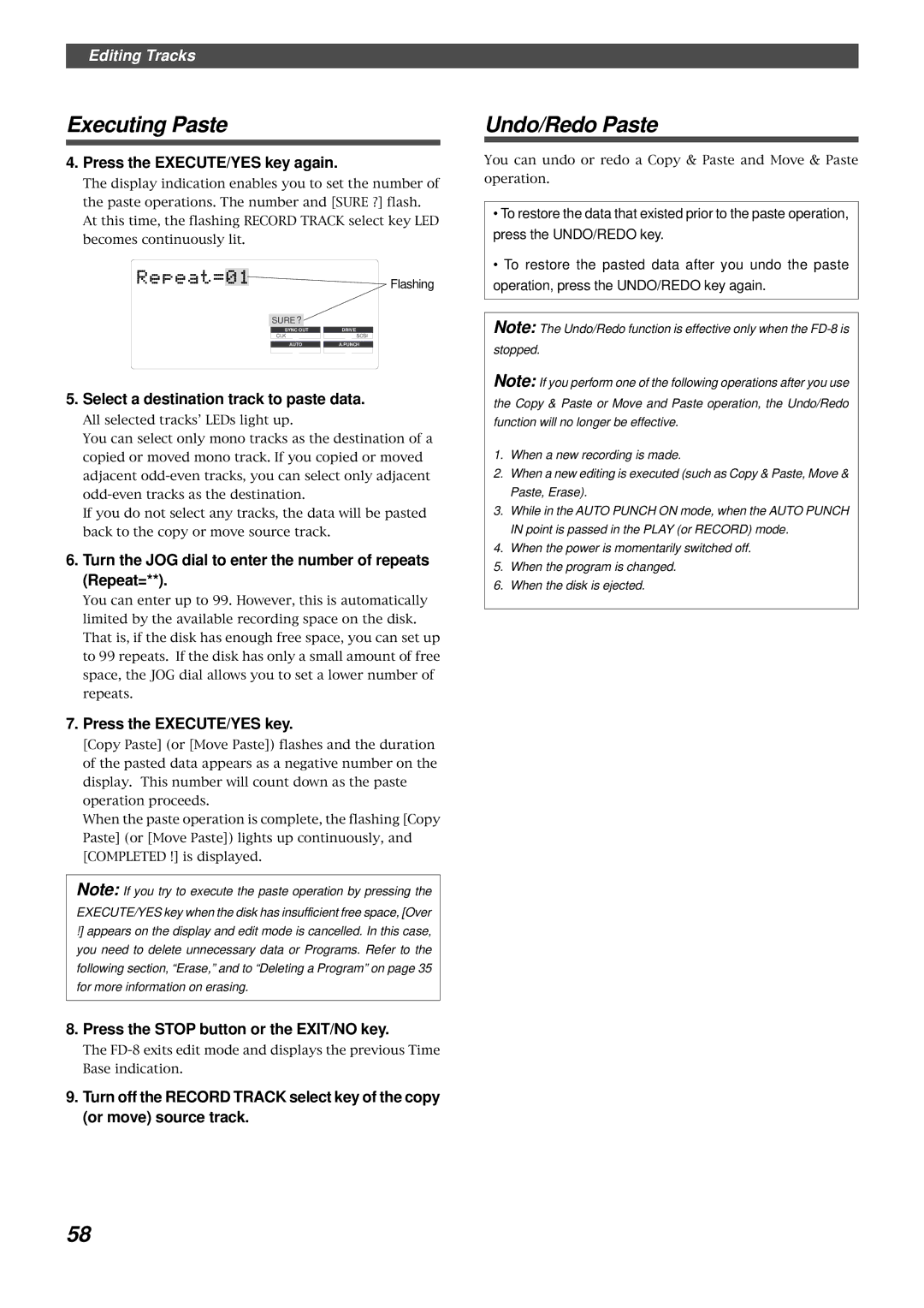 Fostex FD-8 owner manual Executing Paste, Undo/Redo Paste, Select a destination track to paste data 