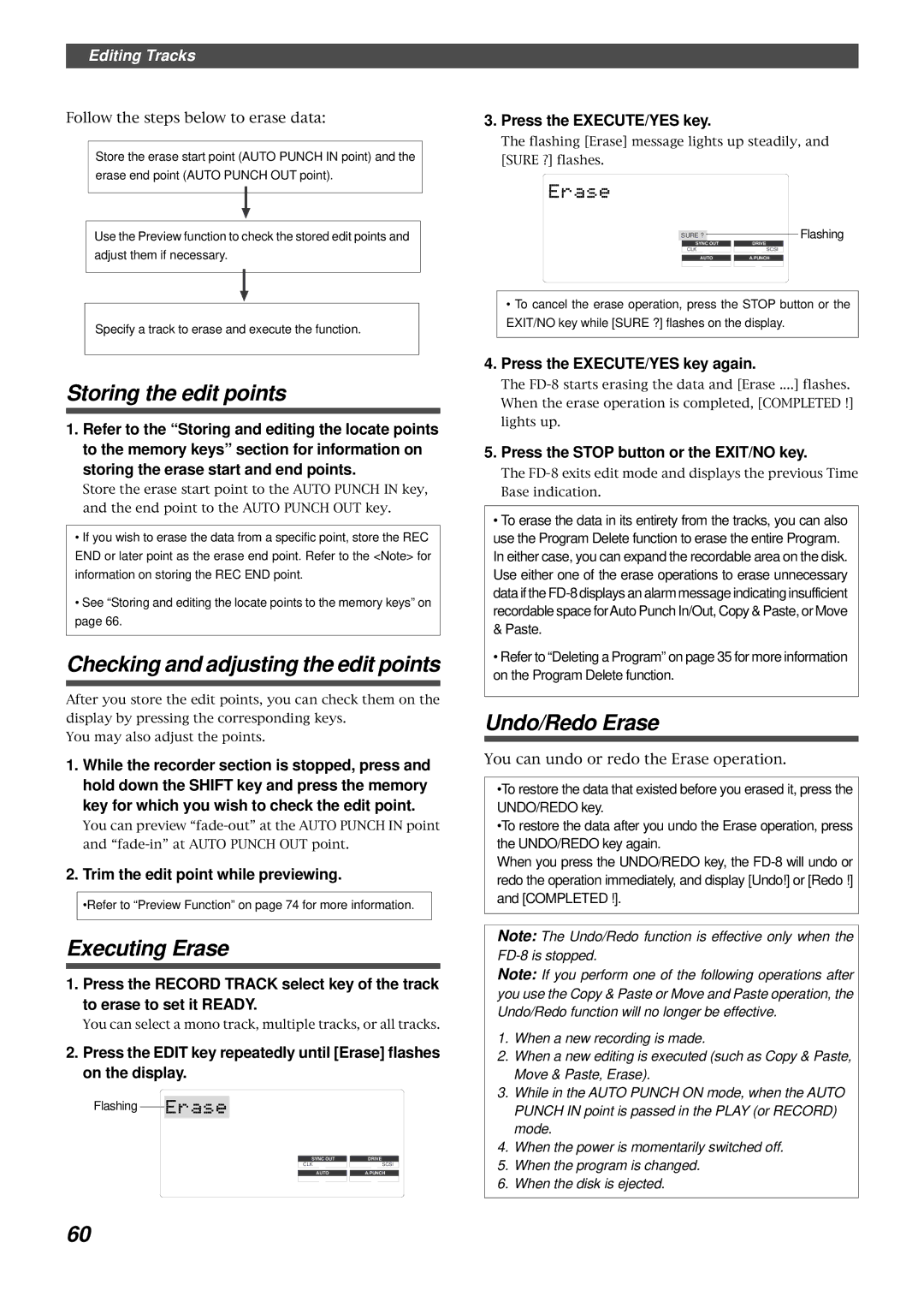 Fostex FD-8 owner manual Executing Erase, Undo/Redo Erase, Storing the erase start and end points 