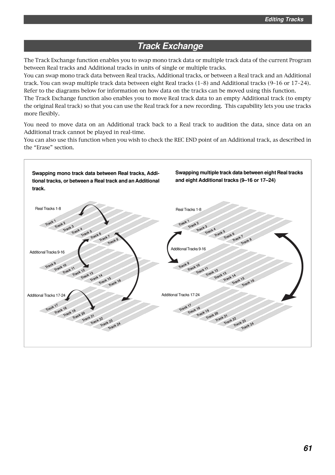 Fostex FD-8 owner manual Track Exchange, Swapping mono track data between Real tracks, Addi 