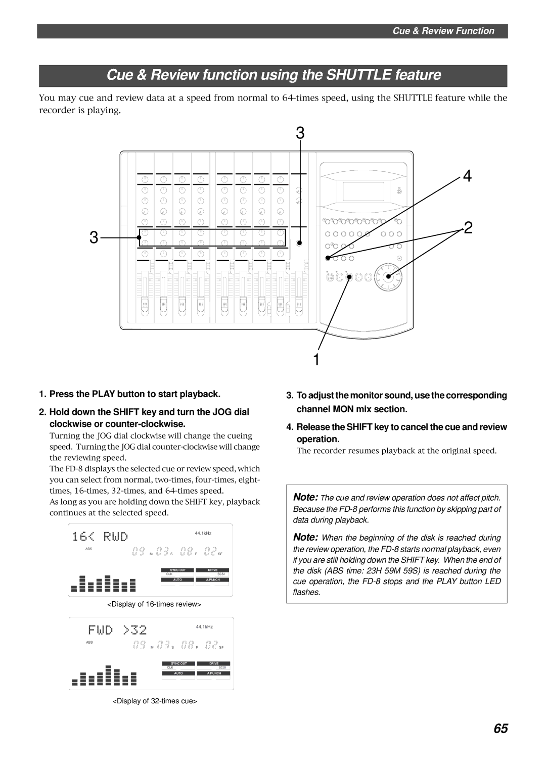 Fostex FD-8 owner manual Cue & Review function using the Shuttle feature 