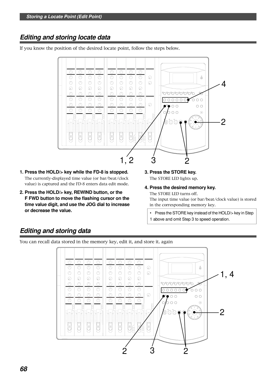 Fostex Editing and storing locate data, Editing and storing data, Press the HOLD/ key while the FD-8 is stopped 