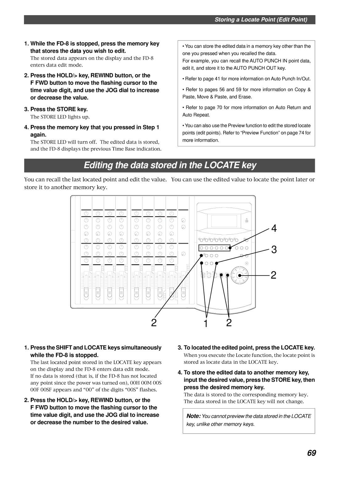 Fostex FD-8 owner manual Editing the data stored in the Locate key, Press the memory key that you pressed in again 