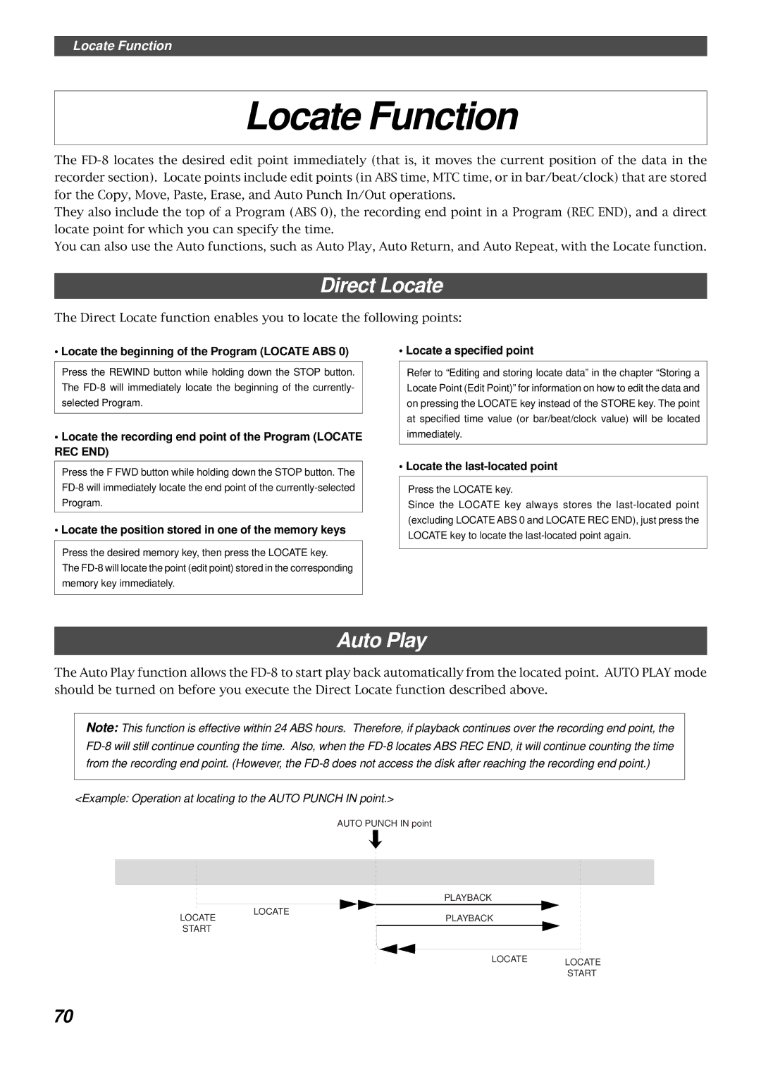 Fostex FD-8 owner manual Locate Function, Direct Locate, Auto Play 