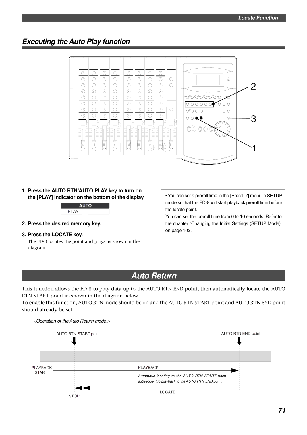 Fostex FD-8 owner manual Auto Return, Executing the Auto Play function, Press the desired memory key Press the Locate key 