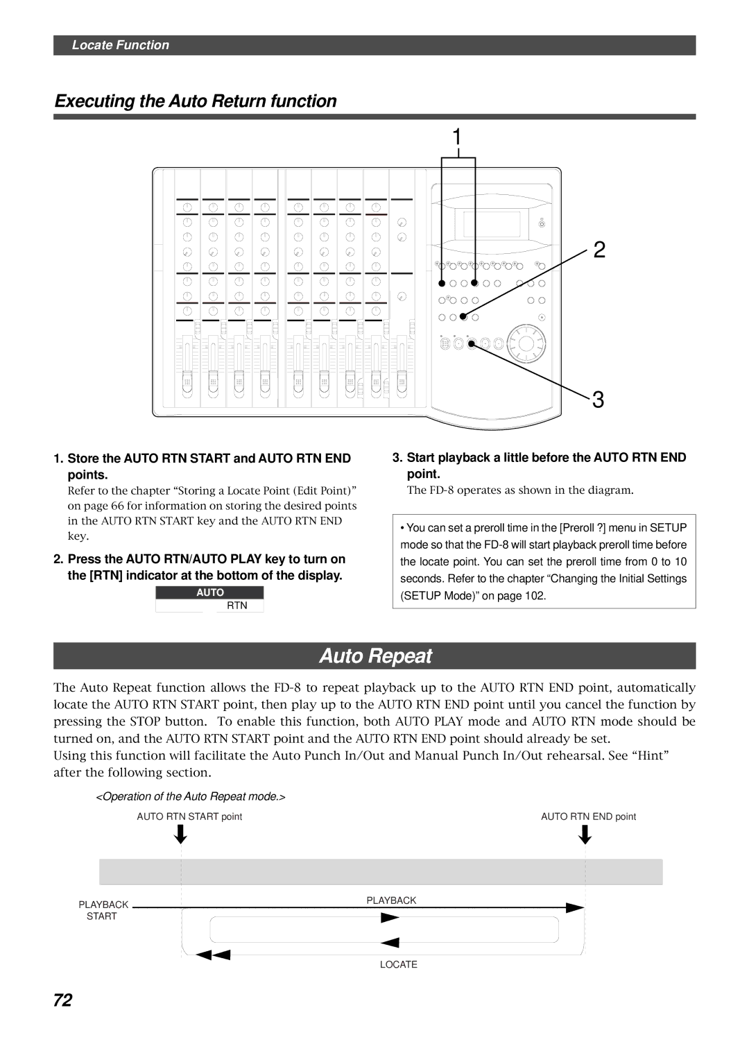 Fostex FD-8 owner manual Auto Repeat, Executing the Auto Return function, Store the Auto RTN Start and Auto RTN END points 