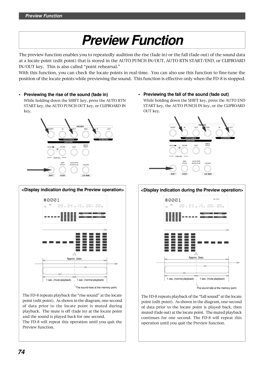 Fostex FD-8 Preview Function, Previewing the rise of the sound fade, Display indication during the Preview operation 
