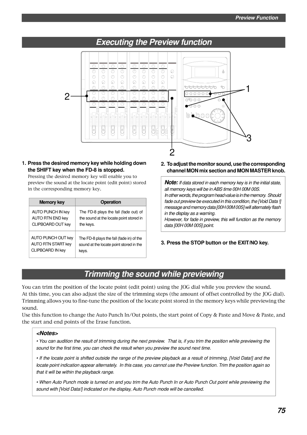 Fostex FD-8 owner manual Executing the Preview function, Trimming the sound while previewing, Memory key Operation 