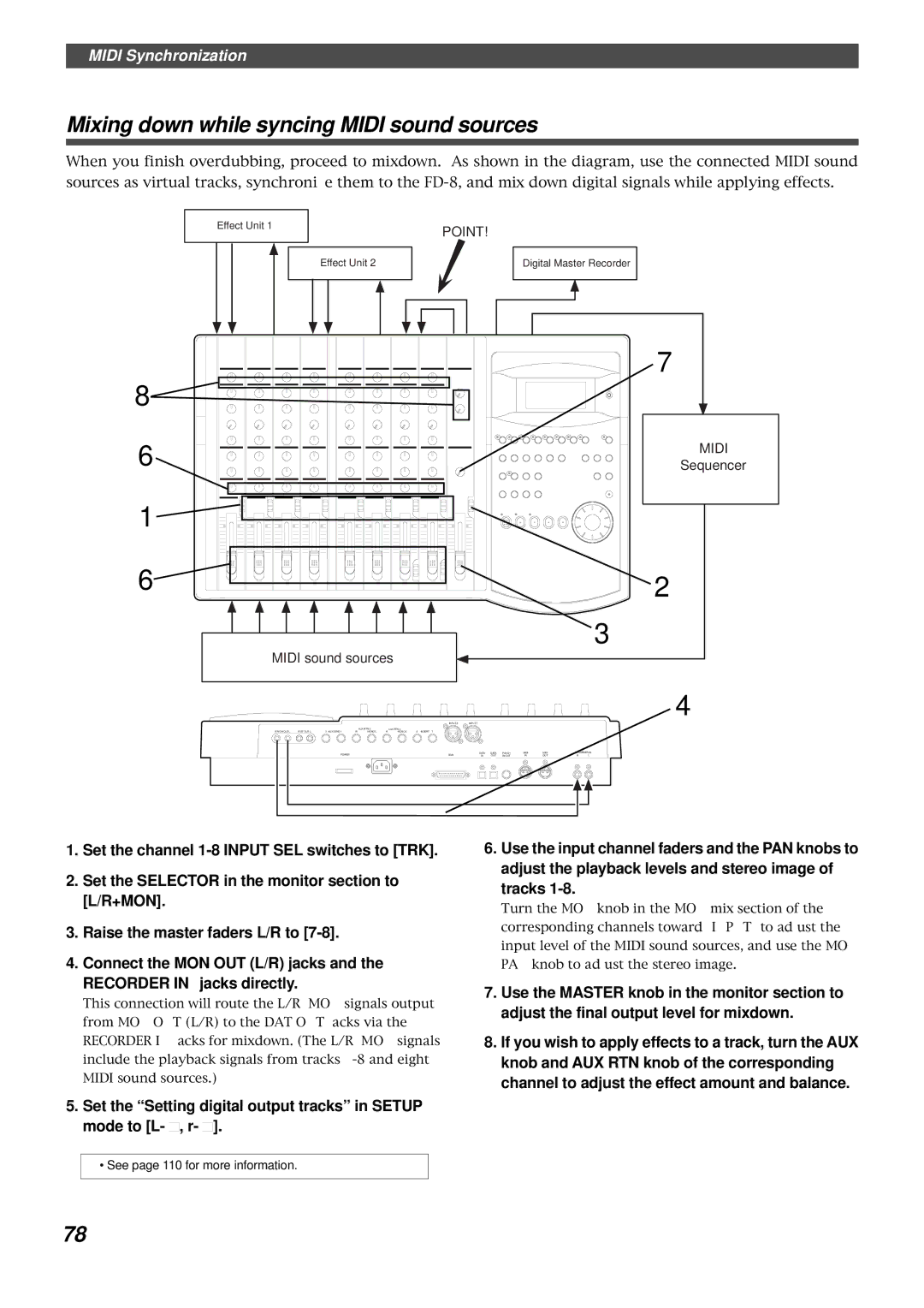 Fostex FD-8 owner manual Mixing down while syncing Midi sound sources 