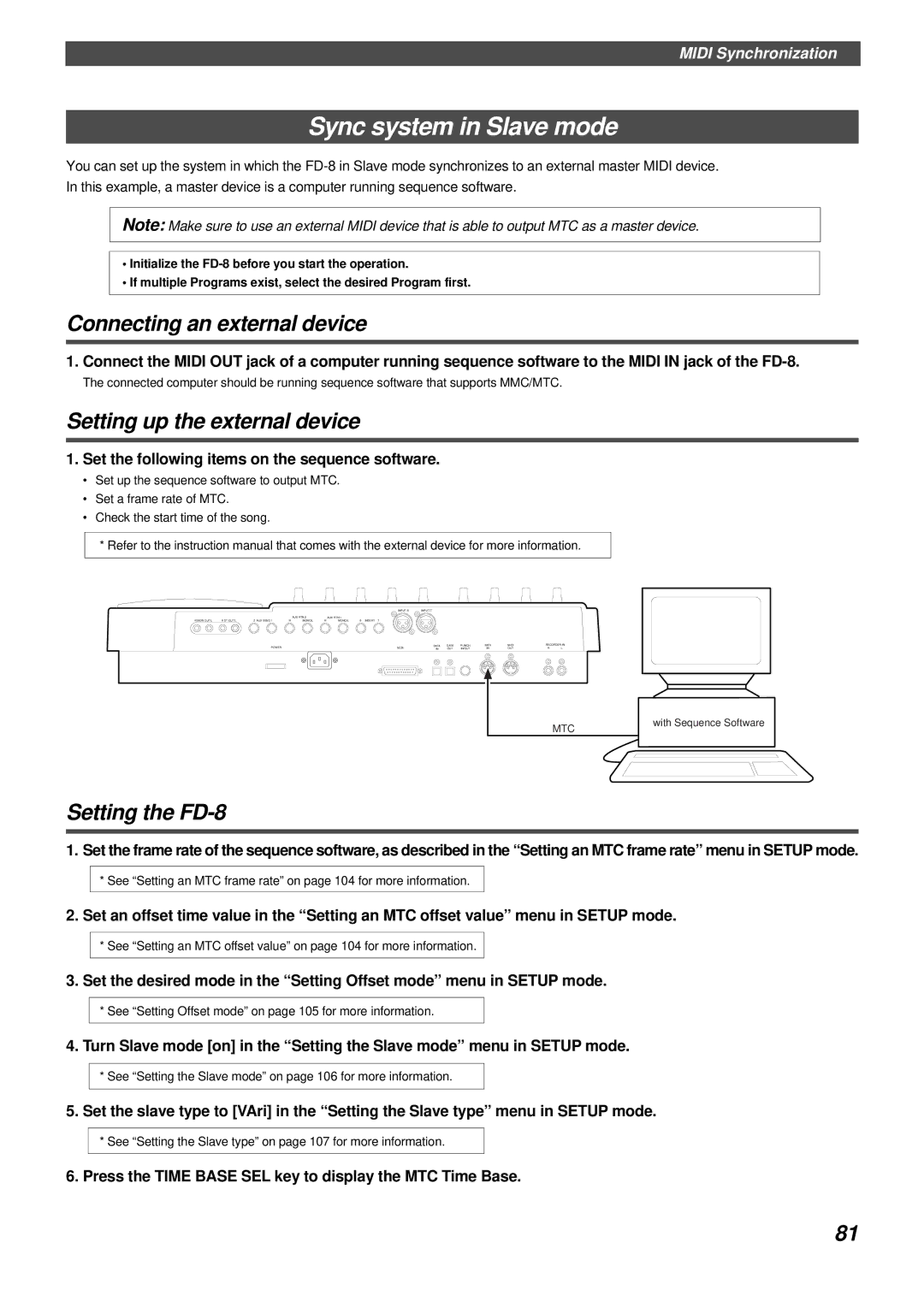 Fostex owner manual Sync system in Slave mode, Setting up the external device, Setting the FD-8 