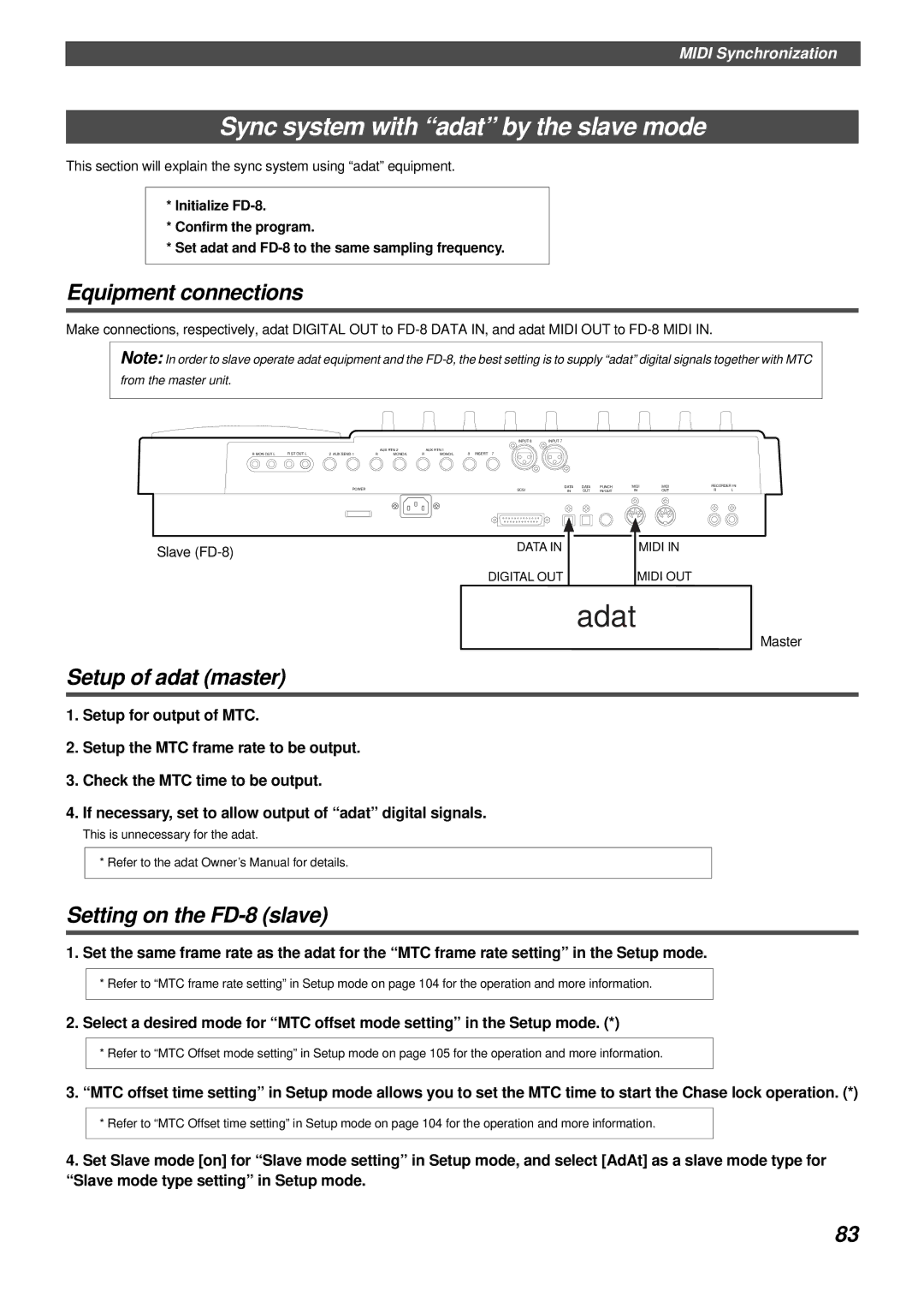 Fostex FD-8 owner manual Sync system with adat by the slave mode, Equipment connections, Setup of adat master 