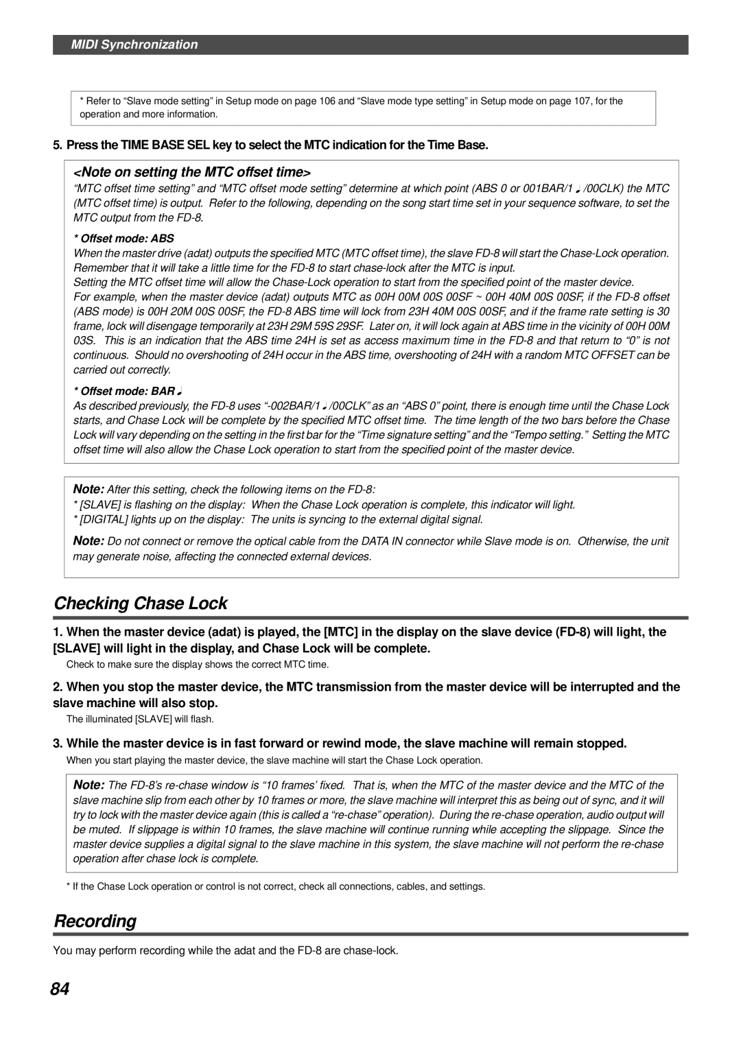 Fostex FD-8 owner manual Checking Chase Lock, Offset mode ABS 