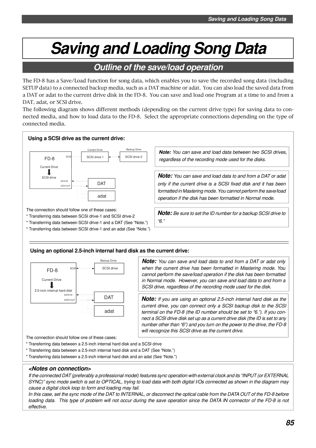 Fostex FD-8 Saving and Loading Song Data, Outline of the save/load operation, Using a Scsi drive as the current drive 