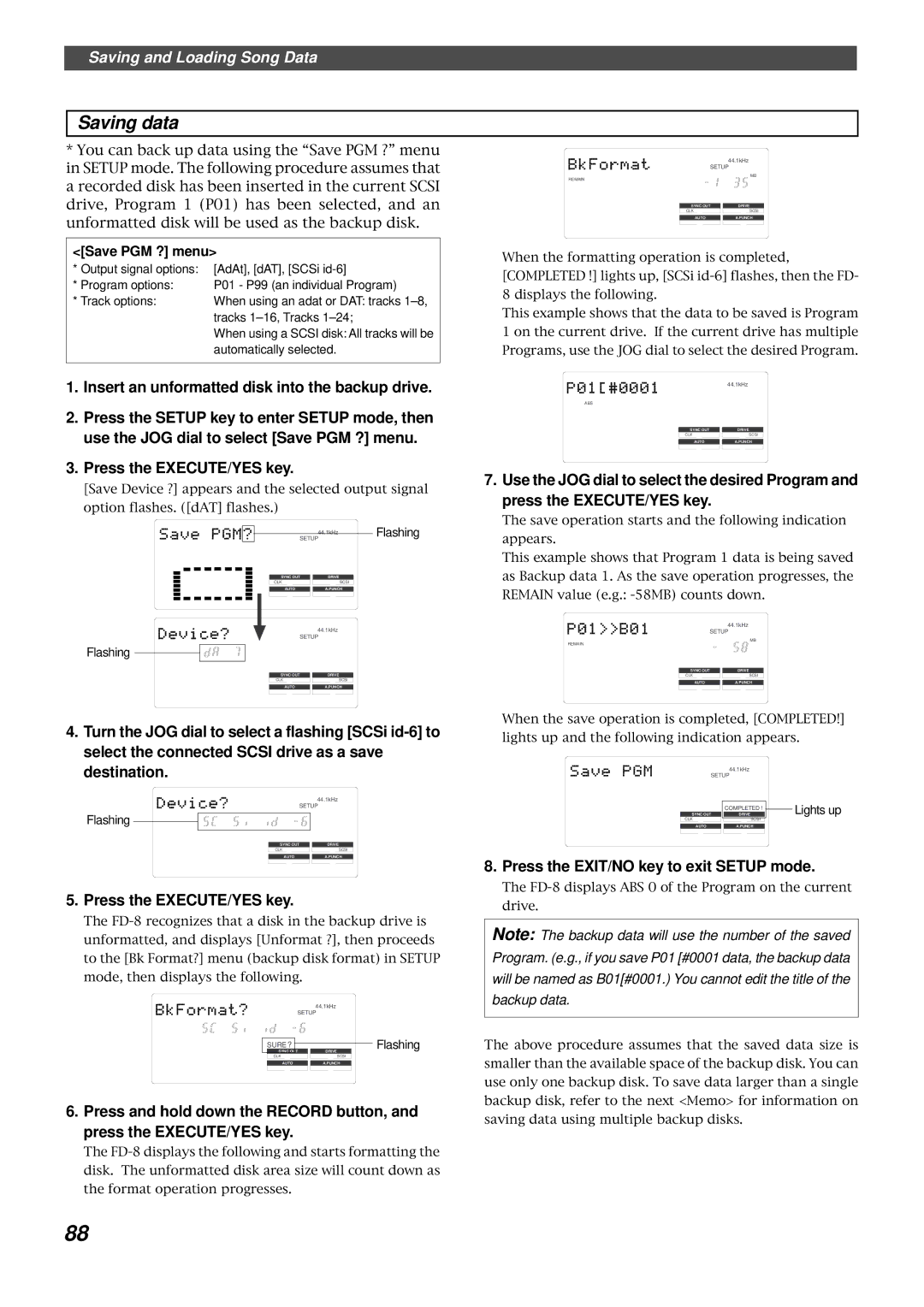 Fostex FD-8 Insert an unformatted disk into the backup drive, Press the EXIT/NO key to exit Setup mode, Save PGM ? menu 