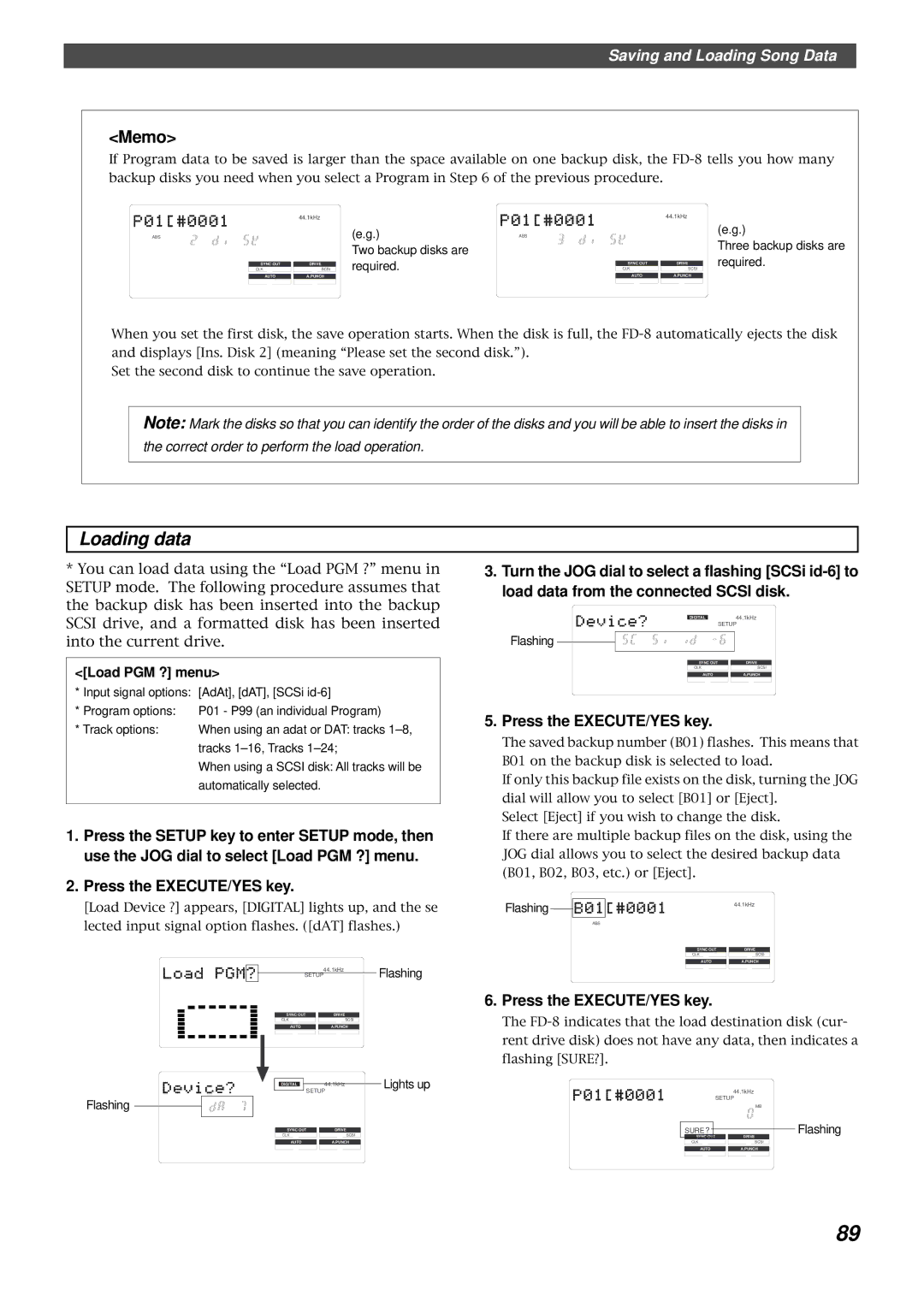 Fostex FD-8 owner manual Load PGM ? menu, Three backup disks are required 