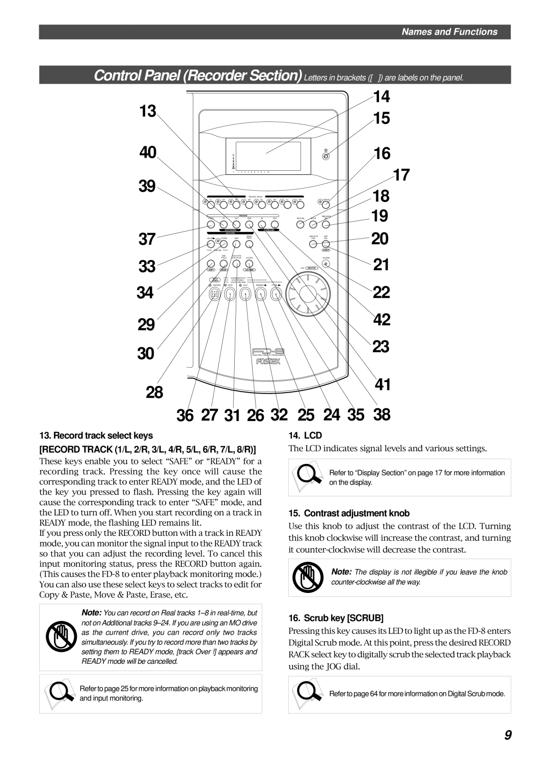 Fostex FD-8 owner manual Lcd, Contrast adjustment knob, Scrub key Scrub 