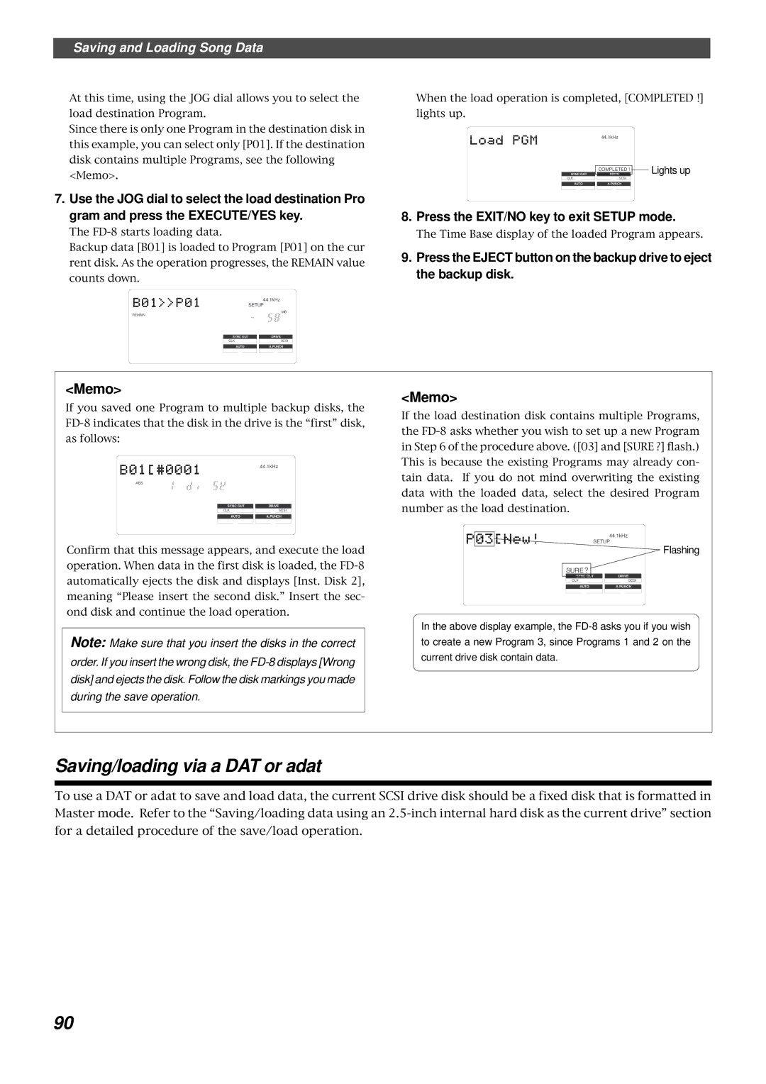 Fostex FD-8 owner manual Saving/loading via a DAT or adat 